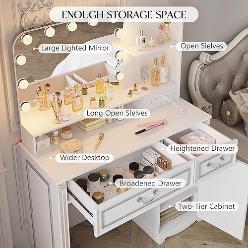 Miniatura 5 de Vanity Desk with Lighted Mirror, 39.4 inch Vintage Makeup Table with Power Outlet, Bedroom Vanity Dressing Table with Adjustable Lights & 2 Drawers,
