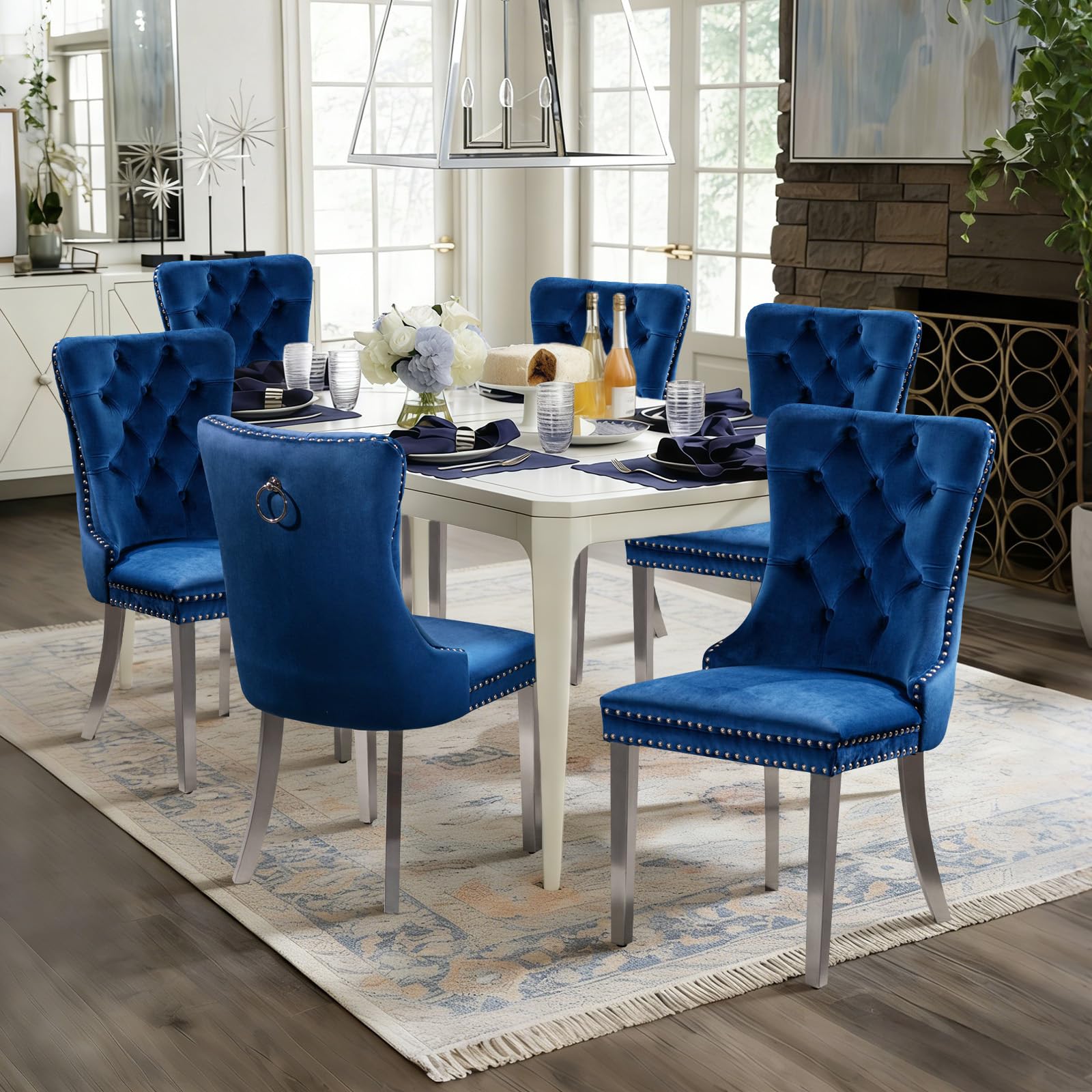 VICBARLEY Velvet Dining Chair Set of 6 Upholstered Tufted Dining Room Chair with Nailhead Trim and Stainless Steel Silver Plated Legs for Kitchen,