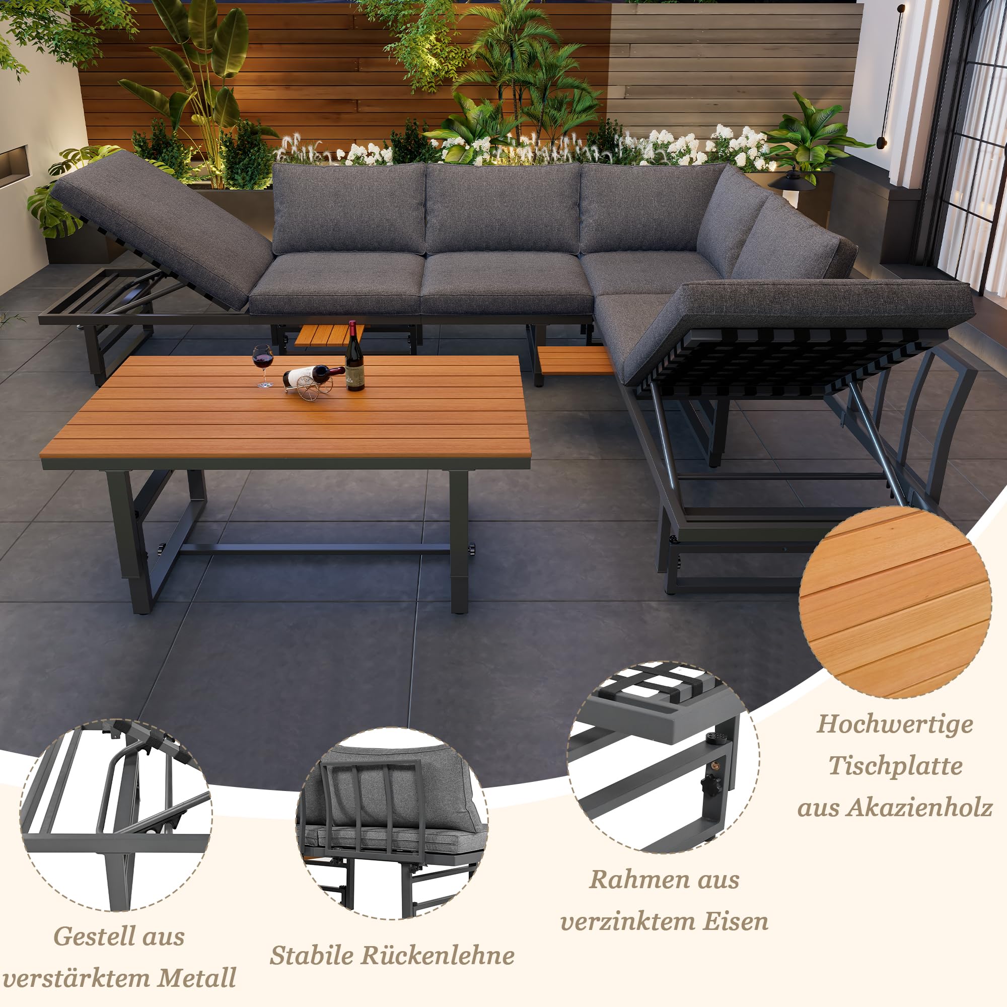 Jtyca Gartenmöbel Set, Lounge Möbel Outdoor, 3-Teiliges Set mit 2 Sofas & 1 Tisch, Sofa mit Verstellbarer Rückenlehne, Verstellbarem Tisch, Inklusive Aller Sitzkissen und Kissen, Grau