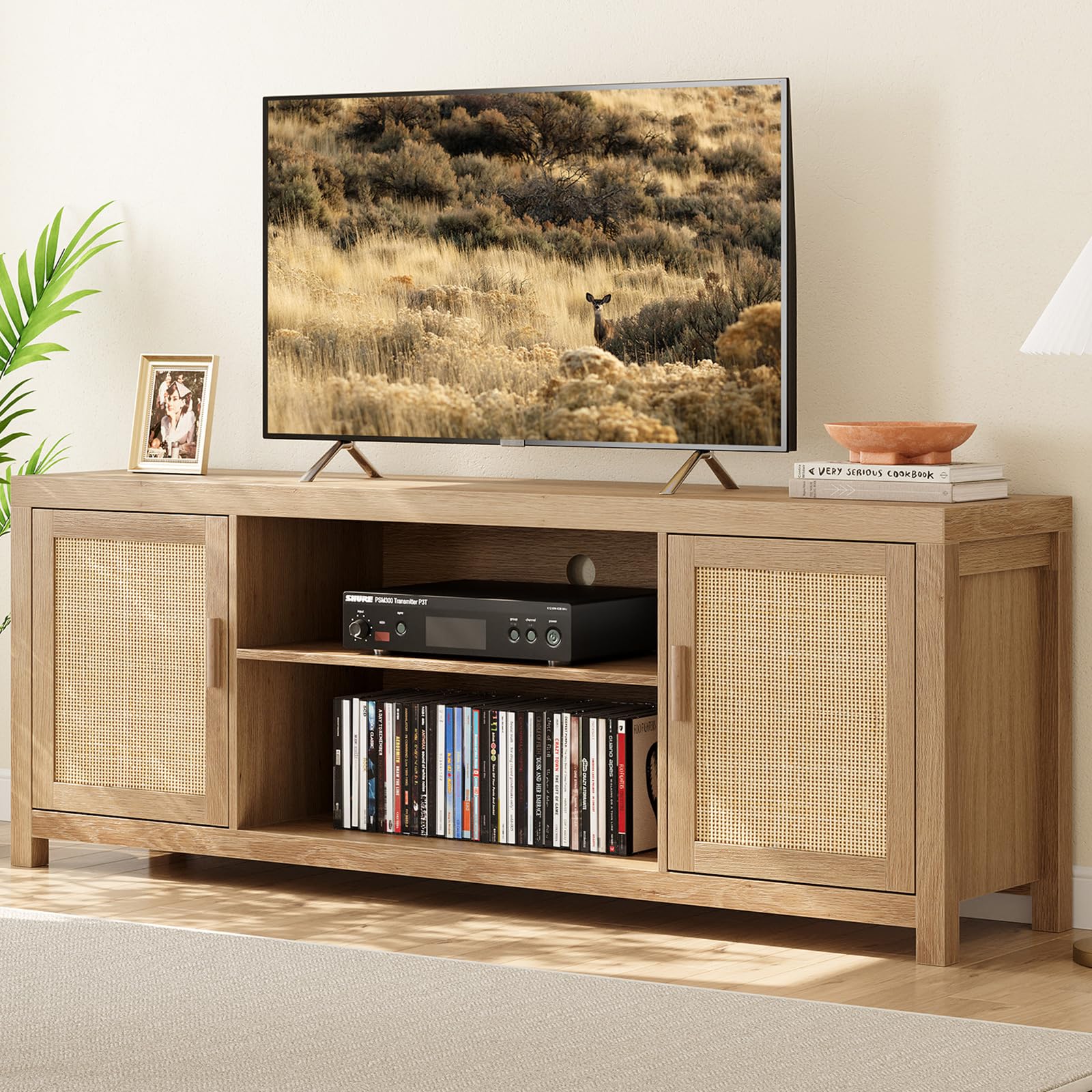 Photo 1 of IDEALHOUSE Rattan TV Stand for 65 inch, Natural Oak Entertainment Center with Adjustable Shelves, Boho TV & Media Cabinet 2-Tier Storage for Living Room Bedroom