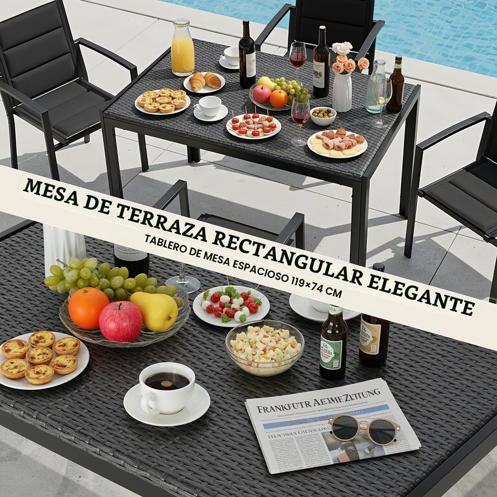 LIFERUN Mesa de Jardín Rectangular para 4-6 Personas en Rattan PE,119x74 cm | Mesa de Comedor para Exterior, en Metal, Resistente a la Intemperie UV, 4 PCS Patas Ajustables, para Terraza Balcón, Gris