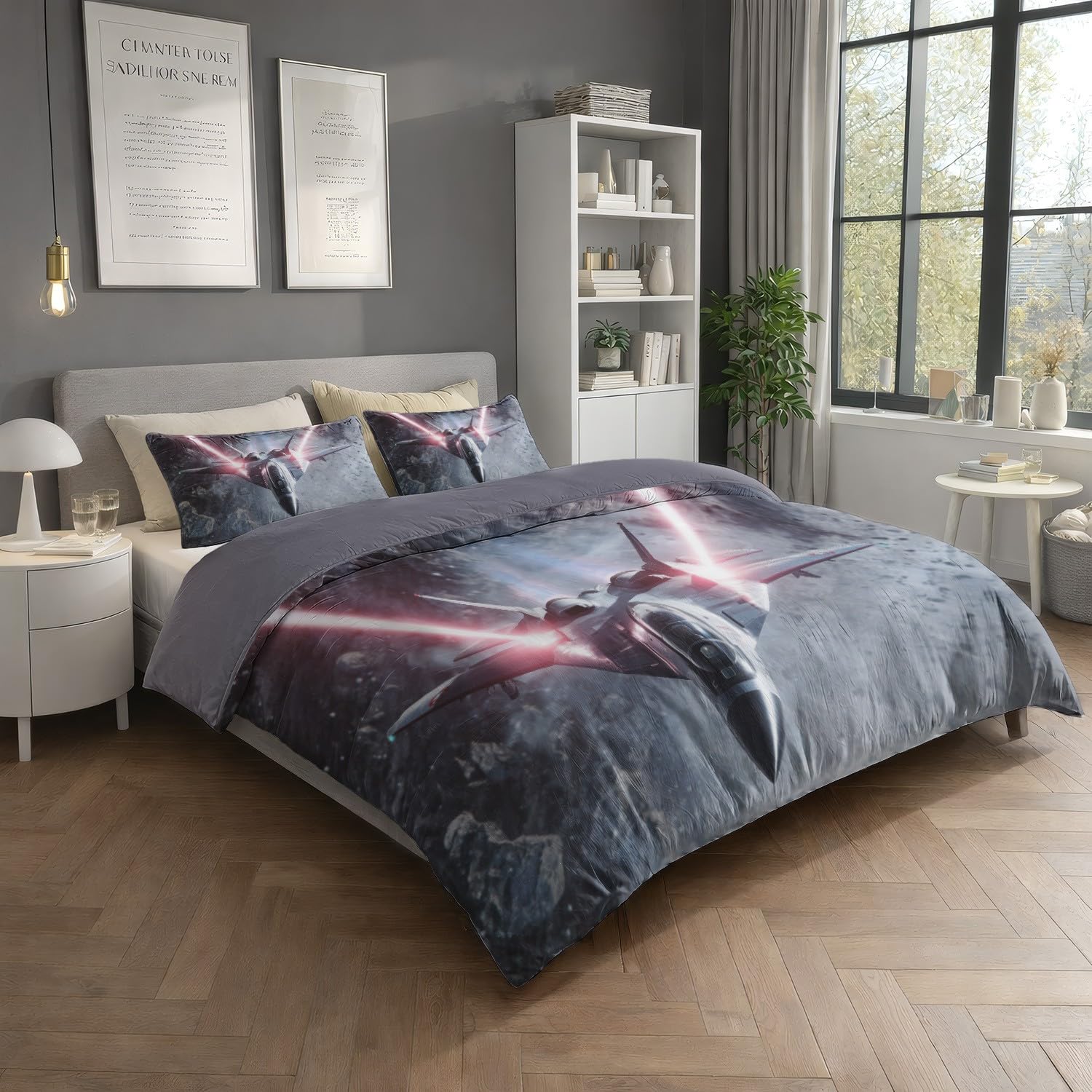 Science-Fiction Futurystyczna Symetryczna poszwa na kołdrę Myśliwy Łóżko 180 x 220 cm z 2 poszewkami na poduszki, szaro-różowy zestaw pościeli dla dorosłych Miękka szczotkowana mikrofibra dla 2 osób