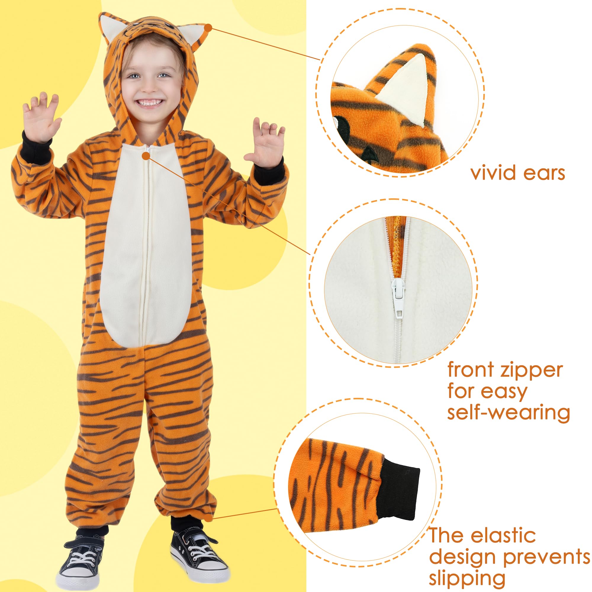 Wizland Kids Tiger Onesie Costume Set,Tiger Jumpsuit with Tail,Animal Costume Outfit for Unisex Boys and Girls XL 10-12 - Image 3