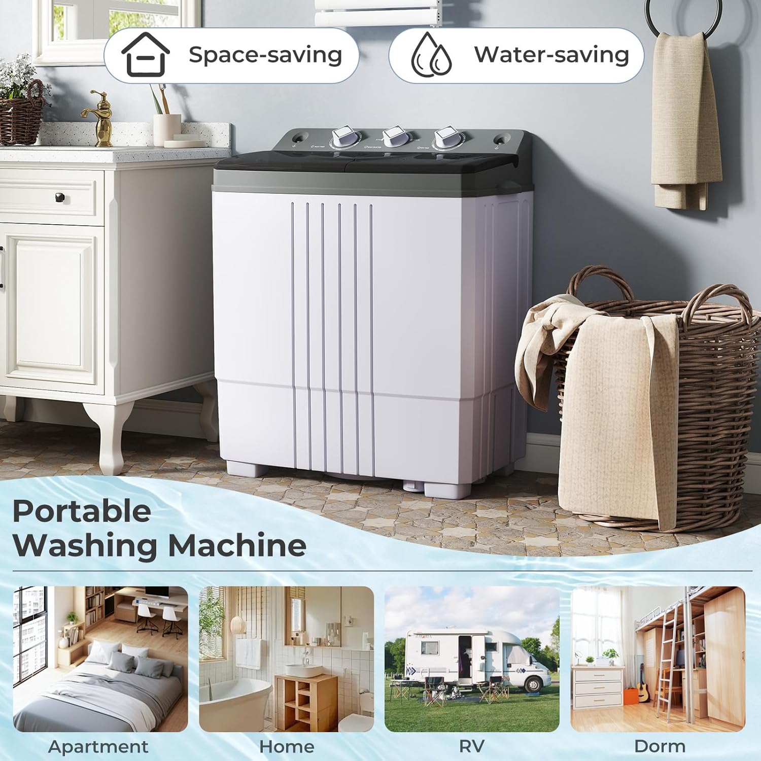 Giantex Portable Twin Tub Washing Machine in various small living spaces