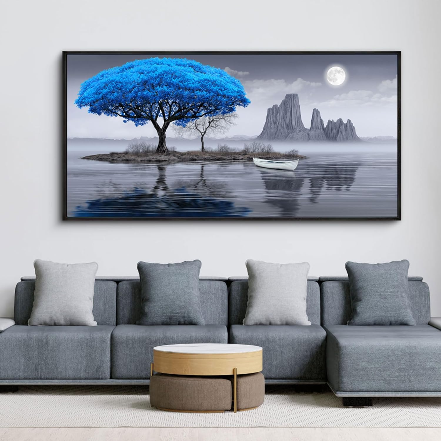 XLSJERST Wall Art for Living Room - Black and White Blue tree Moon Canvas Wall Decor for Home artwork Painting 48x24 Inches Canvas Print for Bedroom Decor Modern Salon Kitchen Office Hang a Picture 48"L x 24"W Blue