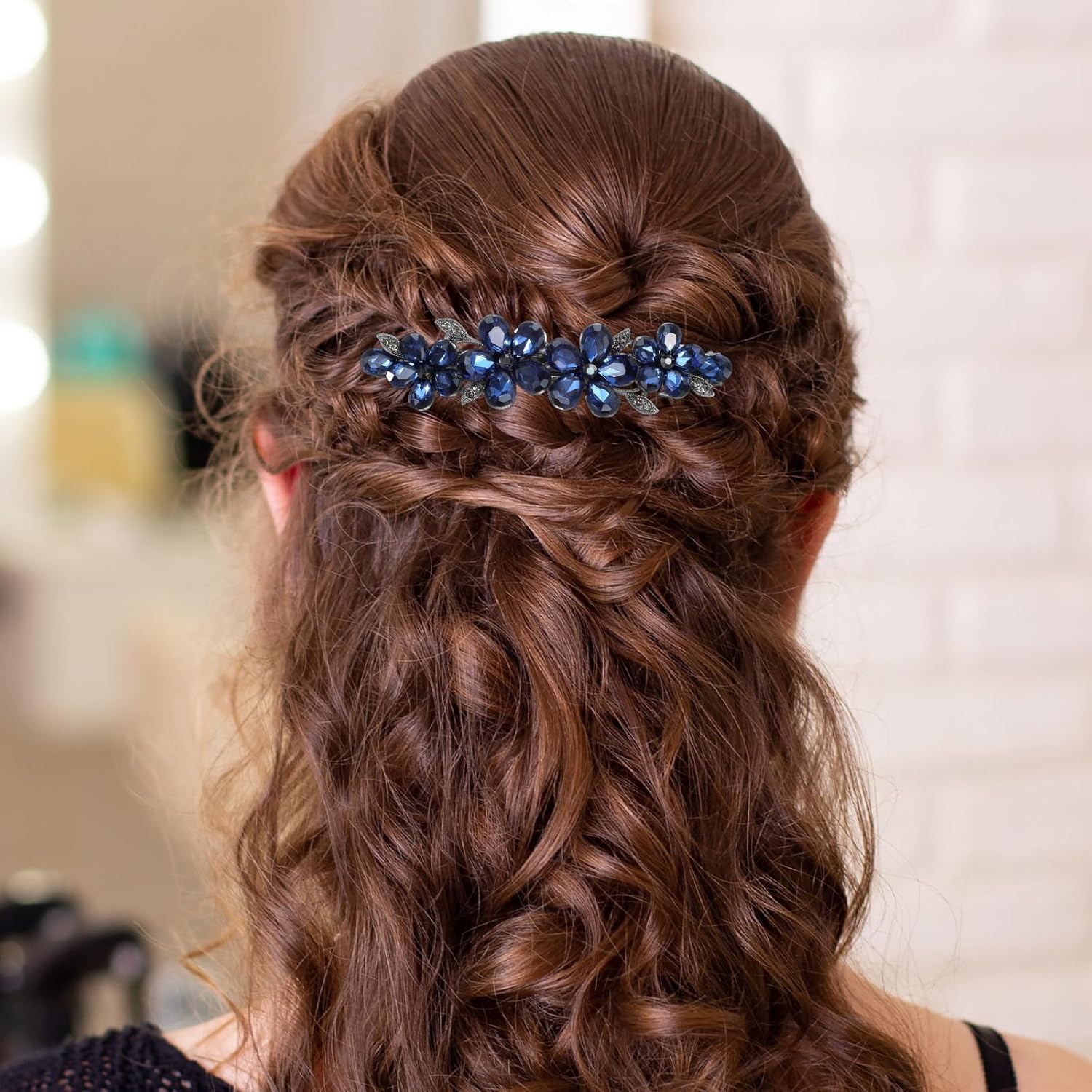 Blue Flower Rhinestone Hair Clips Shimmeroo Sparkly Crystal Bridal Rhinestone Hair Clips Fancy Clothespin Accessories for Women Bridal Wedding Bride Prom Flower Girls(Blue,1 Pcs) - Image 6