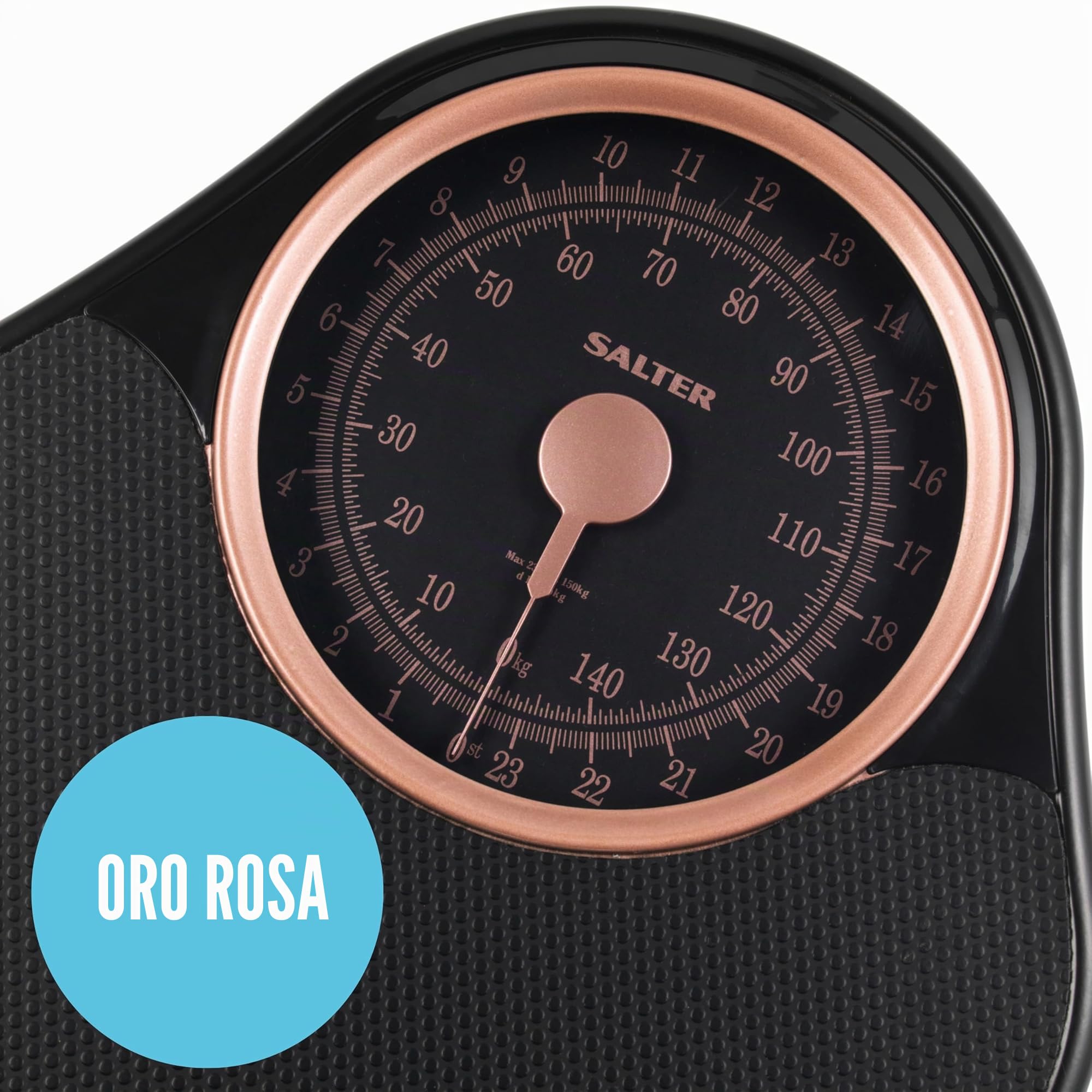 Salter 145 RGFEU16 Bilancia meccanica Doctor Style - capacità massima 150 Kg, quadrante di facile lettura con puntatore rotante, ampia piattaforma con tappetino in vinile, senza batteria, oro rosa