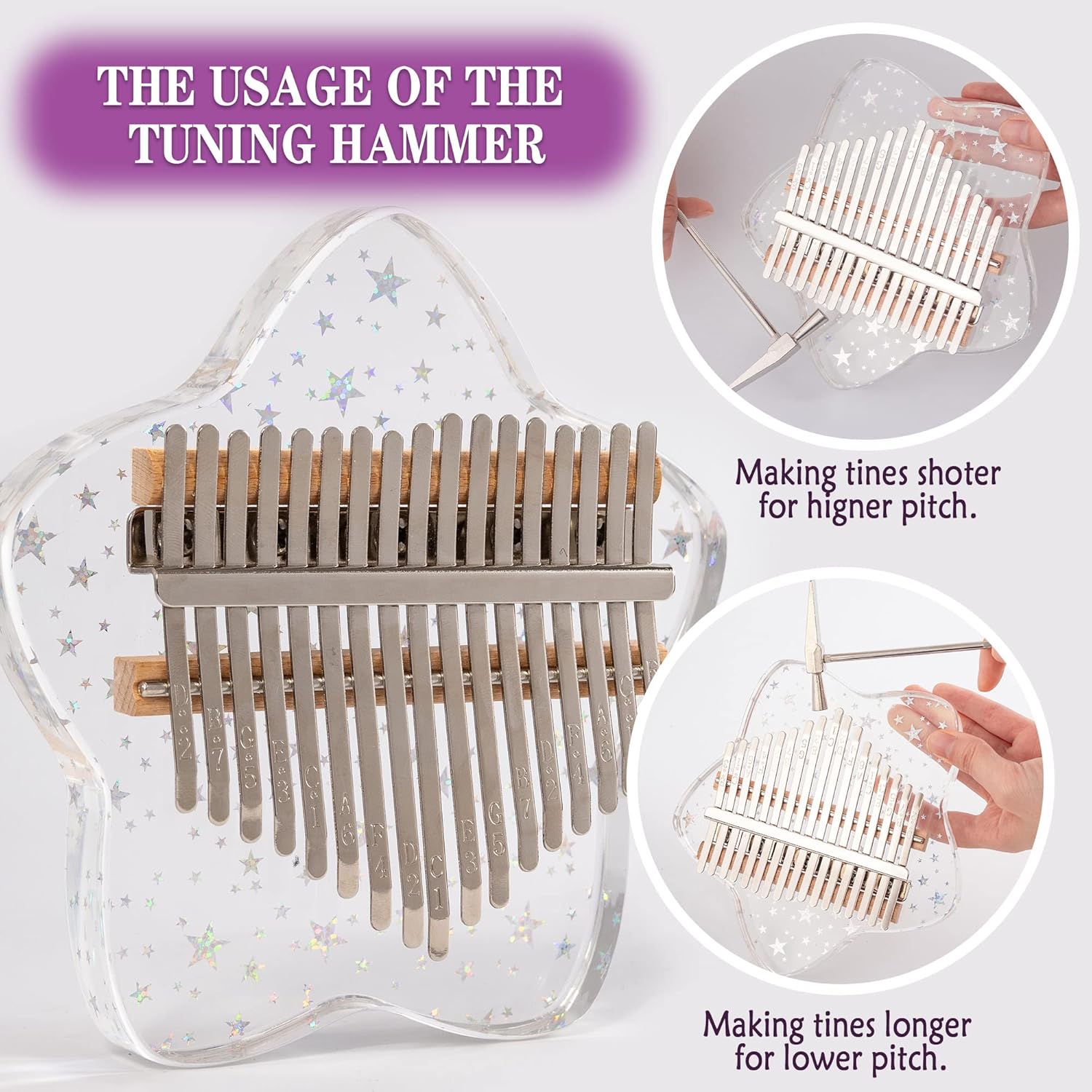 Cute Kalimba Thumb Piano 17 Keys-Star Crystal Acrylic Finger Piano-Portable Mbira Musical Instruments Cute Christmas Gift with Tune Hammer and Study Instruction for Adults Beginners