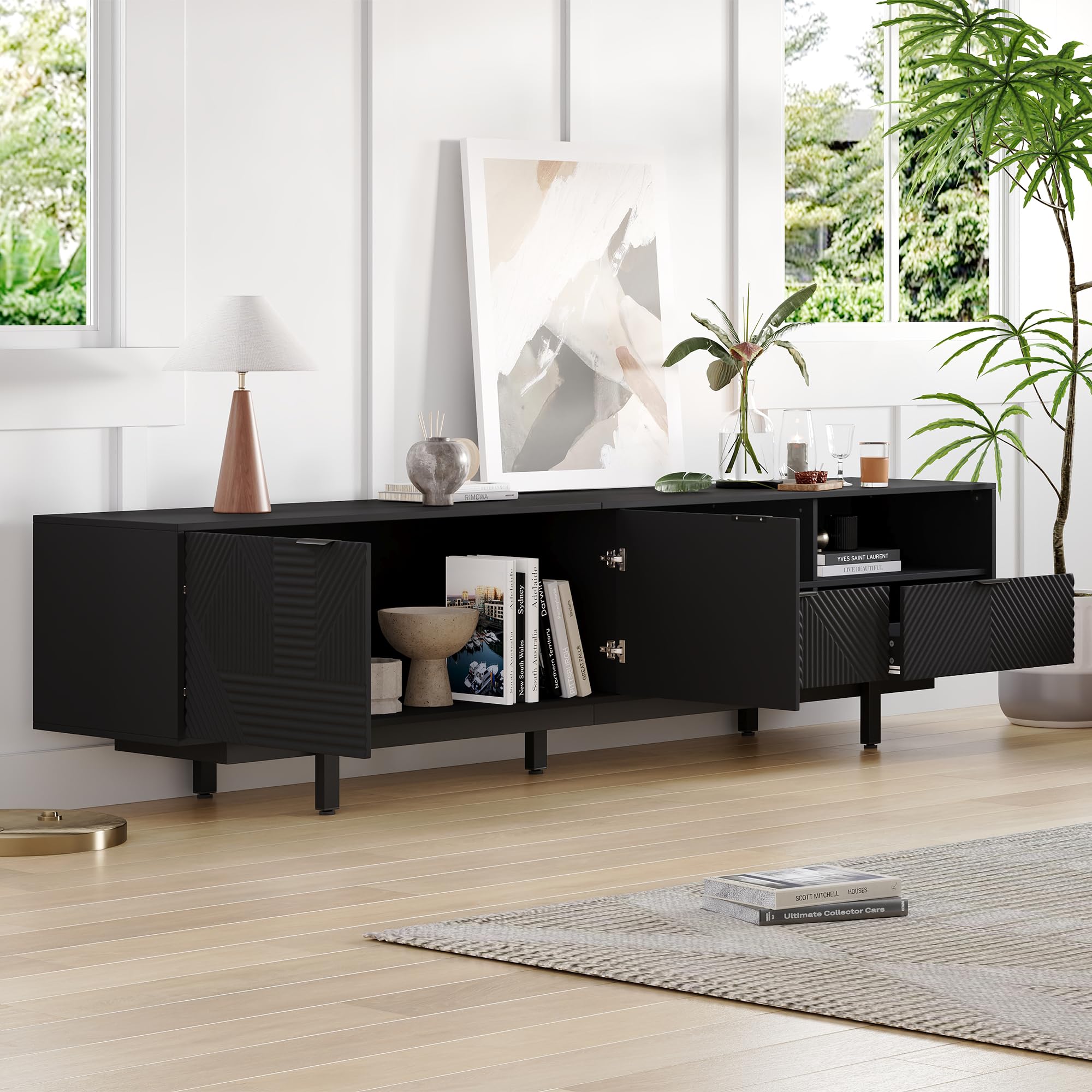 Mueble para TV de 200 cm, Soporte para TV de 90 Pulgadas con Puertas, Cajones y gestión de Cables, Armario Bajo con Espacio de Almacenamiento para Salón Dormitorio, Negro