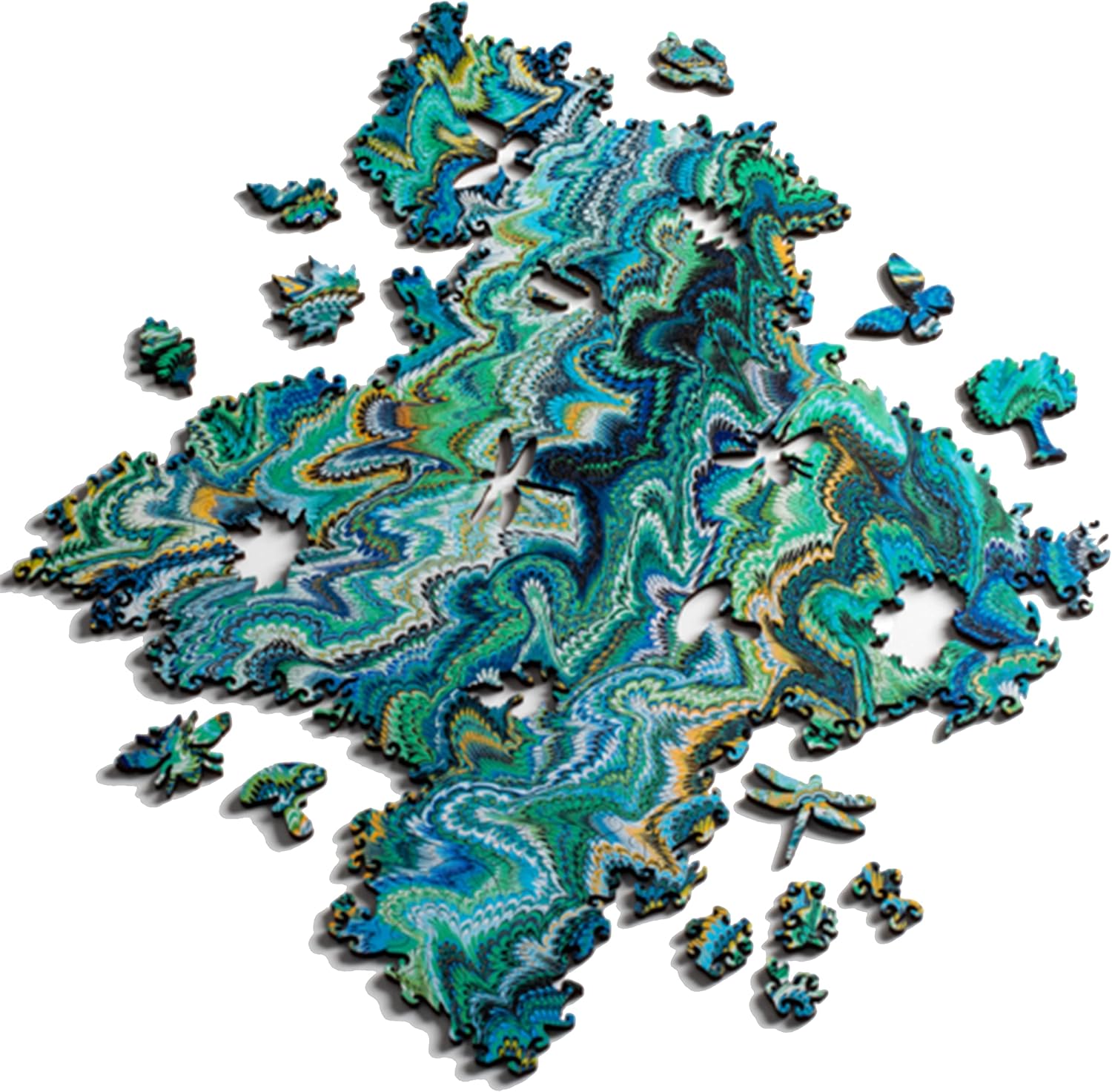 Marbling Infinity Wood-Art Mind Exercise Challenge for Adults - 363 Pieces - No Fixed Shape - Endlessly Reconfigurable - 12 x 10.5 in - Large - Blue Green