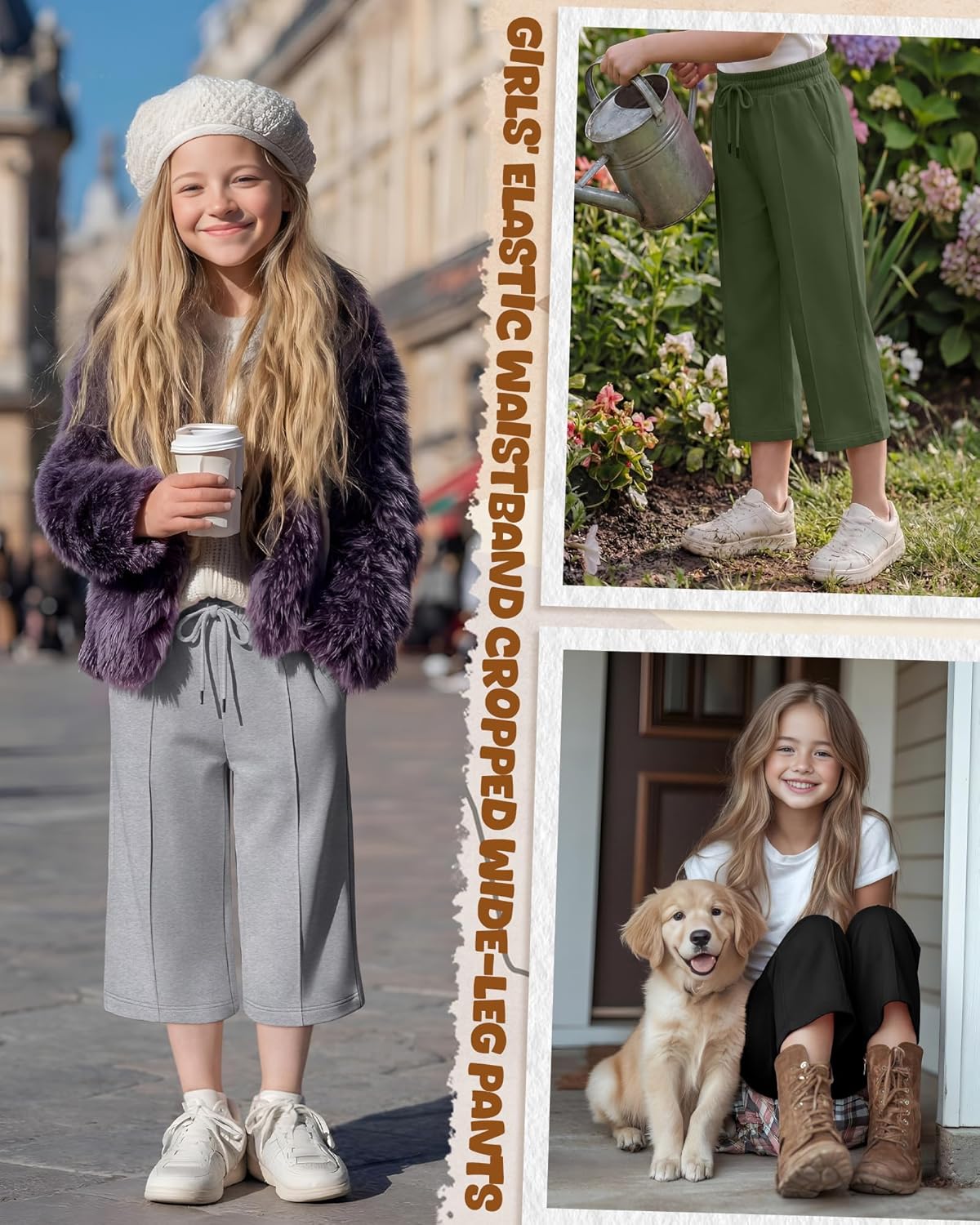 3 Pack Girls Capri Pants Wide Leg Elastic Waist Drawstring Capris with Side Pockets Casual Trousers 5-14 Years