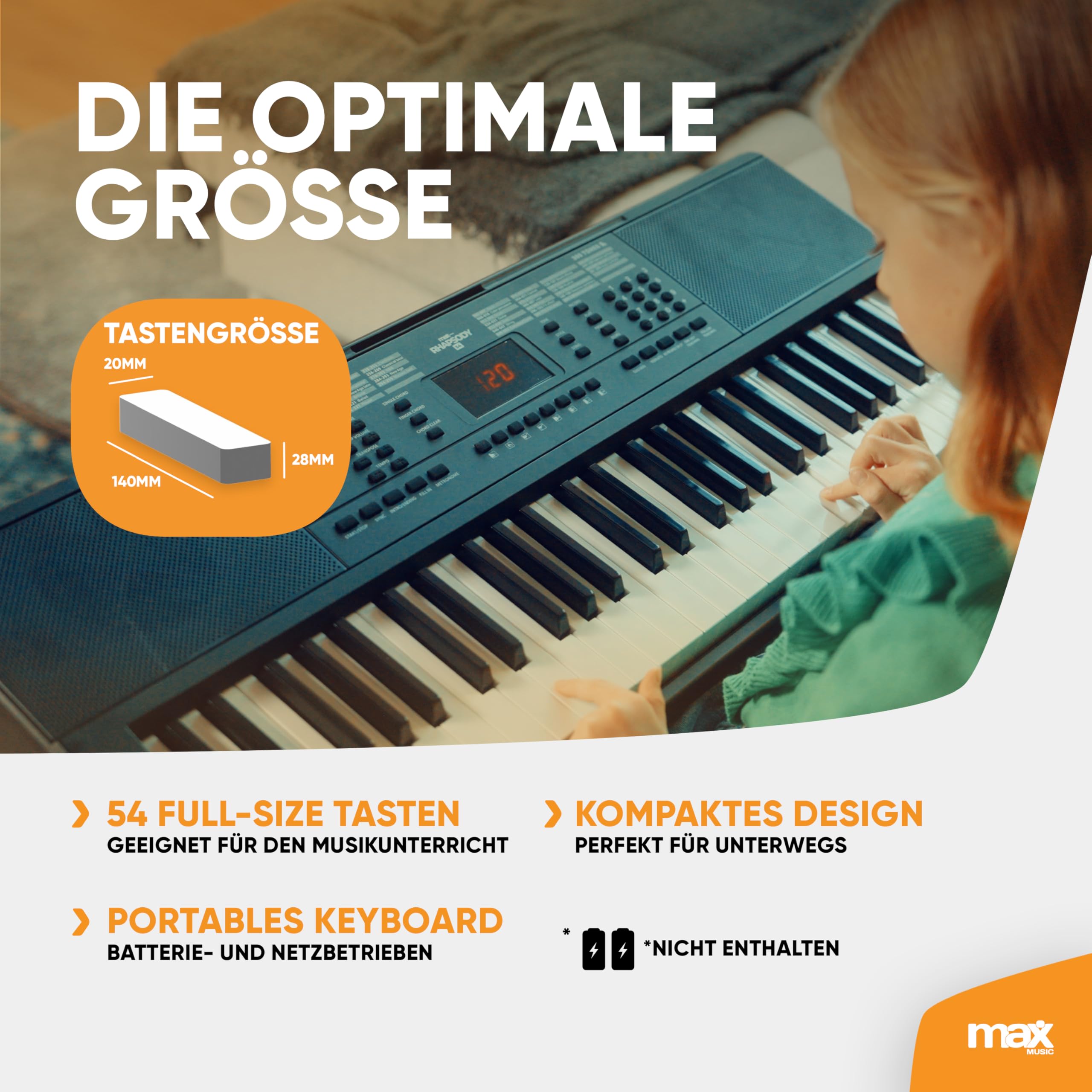 MAX Rhapsody54 - Keyboard Piano mit Notenhalter für Anfänger, 54 Tasten Keyboard mit Ständer und Kopfhörer, Lautsprecher, Display, 50 Demos, Lern-Funktion, 600 Sounds, 8 Percussions