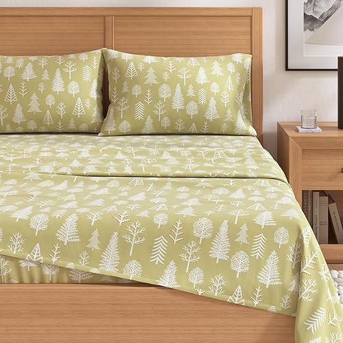 Miniatura 2 de Juego de sábanas de franela, tamaño matrimonial, 100% algodón turco, de doble cepillado, con estampado, ultrasuaves, acogedoras, 4 piezas (bosque de