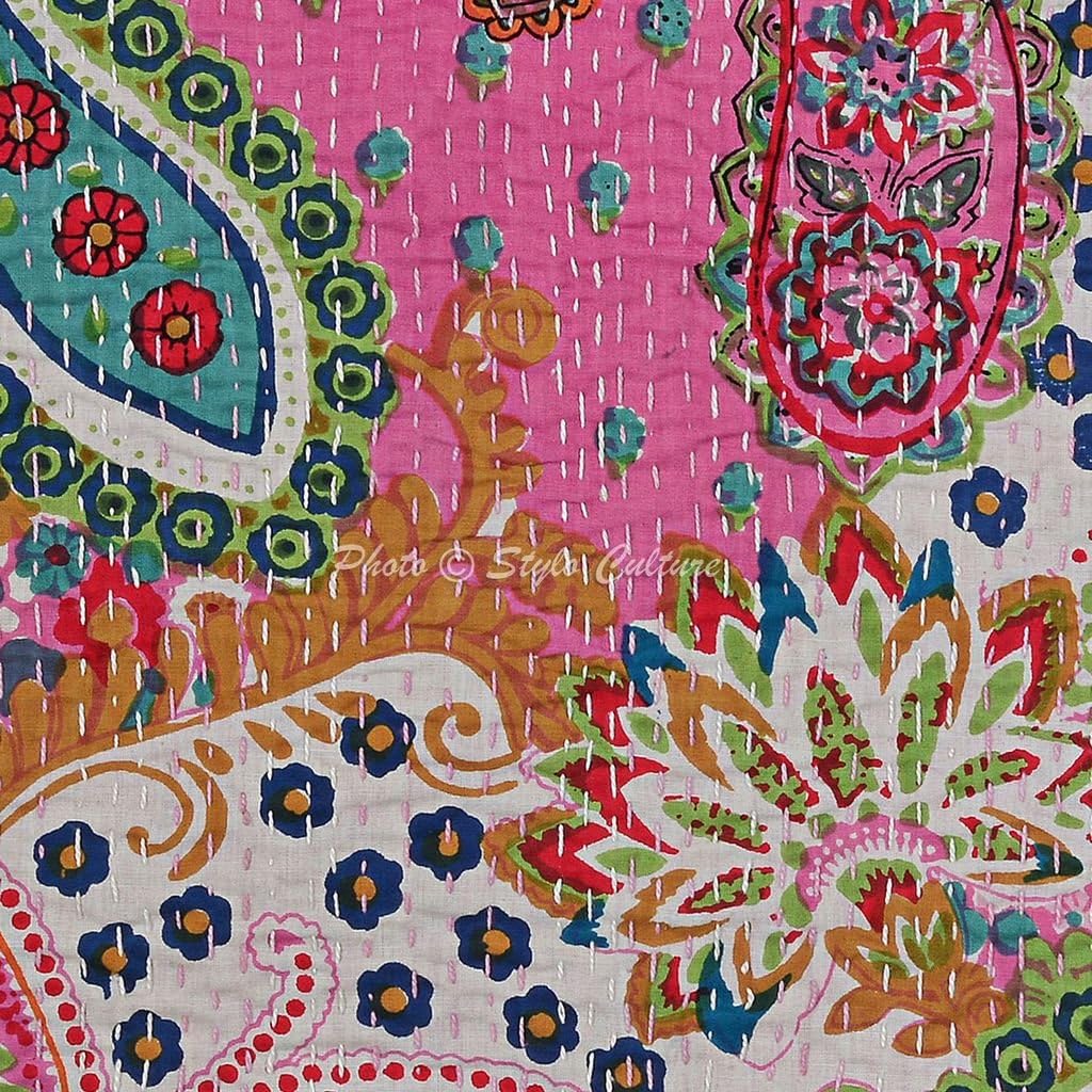 Bohemian Decorative Sofa Settee Accent Throw Pillow Covers 40x40 cm Cotton Bed Room Light Pink Paisley Printed Kantha Square Luxury Envelope Indian 16x16 Inch Cushion Covers - 5 Pcs