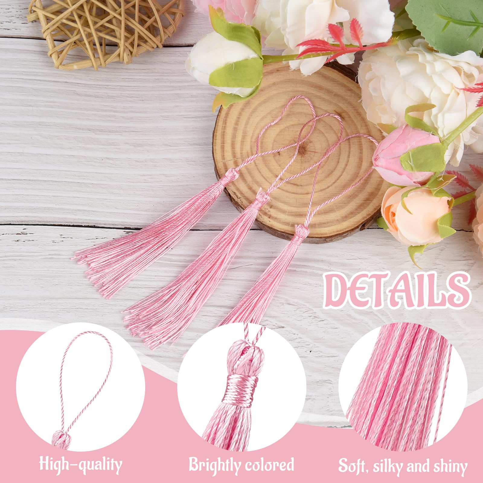 BOUBONI 100 Pcs Bookmark Tassels Bulk Pink Soft Craft Silky Handmade Mini Tassels for Jewelry Making with Loops for DIY Craft Accessory Dress Decoration - Image 3