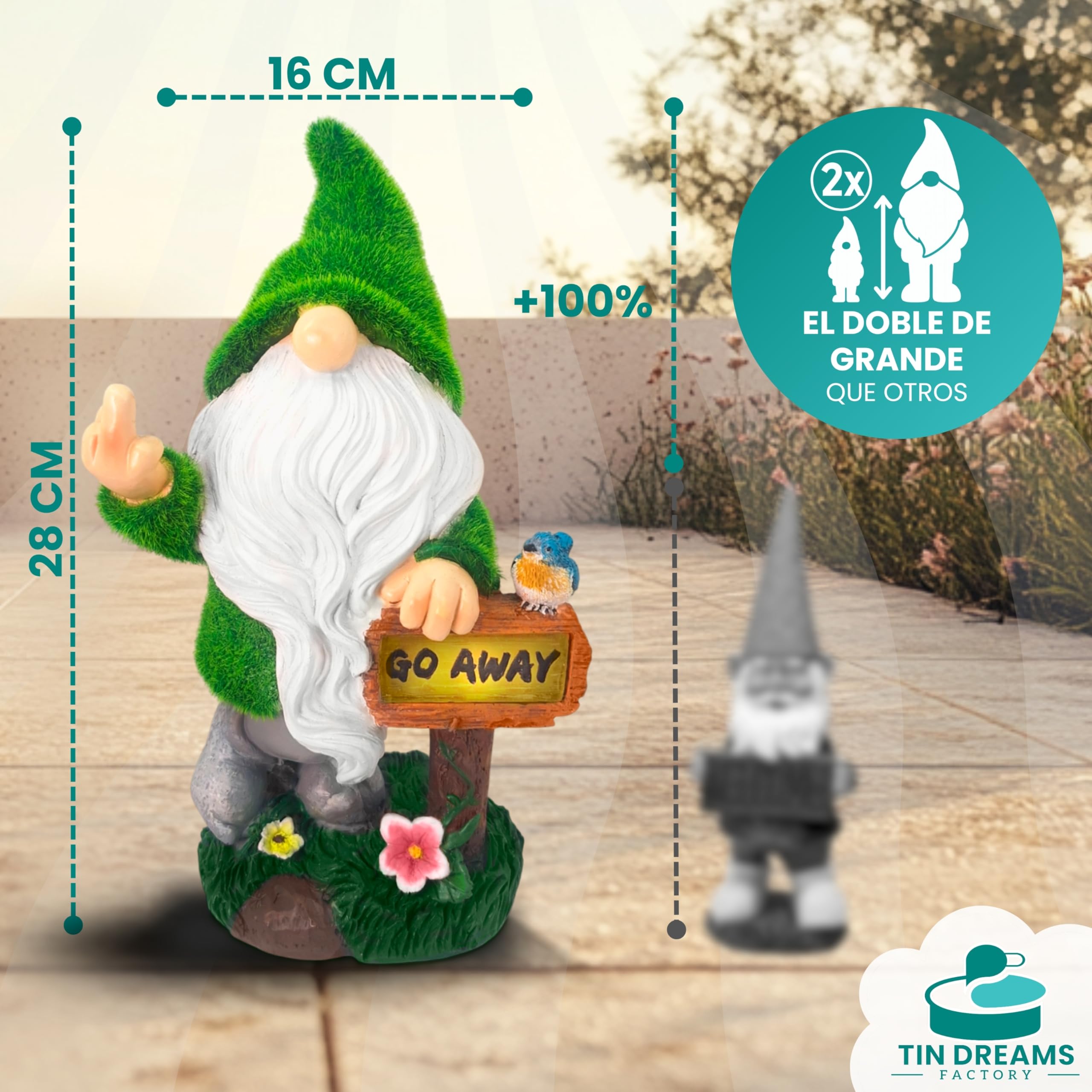 Gnomo de Jardín con Luz Solar “Go Away” – Figura de Resina Impermeable para Decoración Exterior – Enano Divertido para Jardín, Terraza o Patio – Adorno Original con Luz Automática