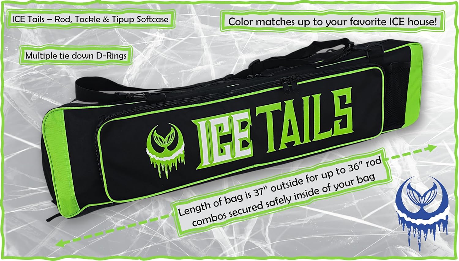 ICE Fishing Rod Tackle Bag Ice Tails Soft Sided Traveling Case Box Water Proof Bottom Multi Use Storage tungsten Jig Rod and Reel Combo Tip Up Gloves (Green)