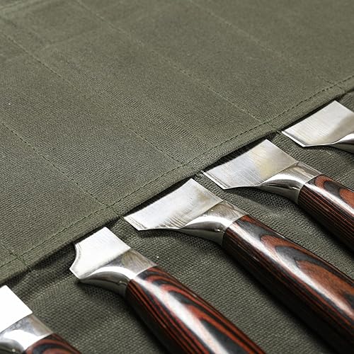 Miniatura 4 de Bolsa de rollo de cuchillo de lona encerada resistente, bolsa portátil para cuchillos de chef, duradera (verde militar)