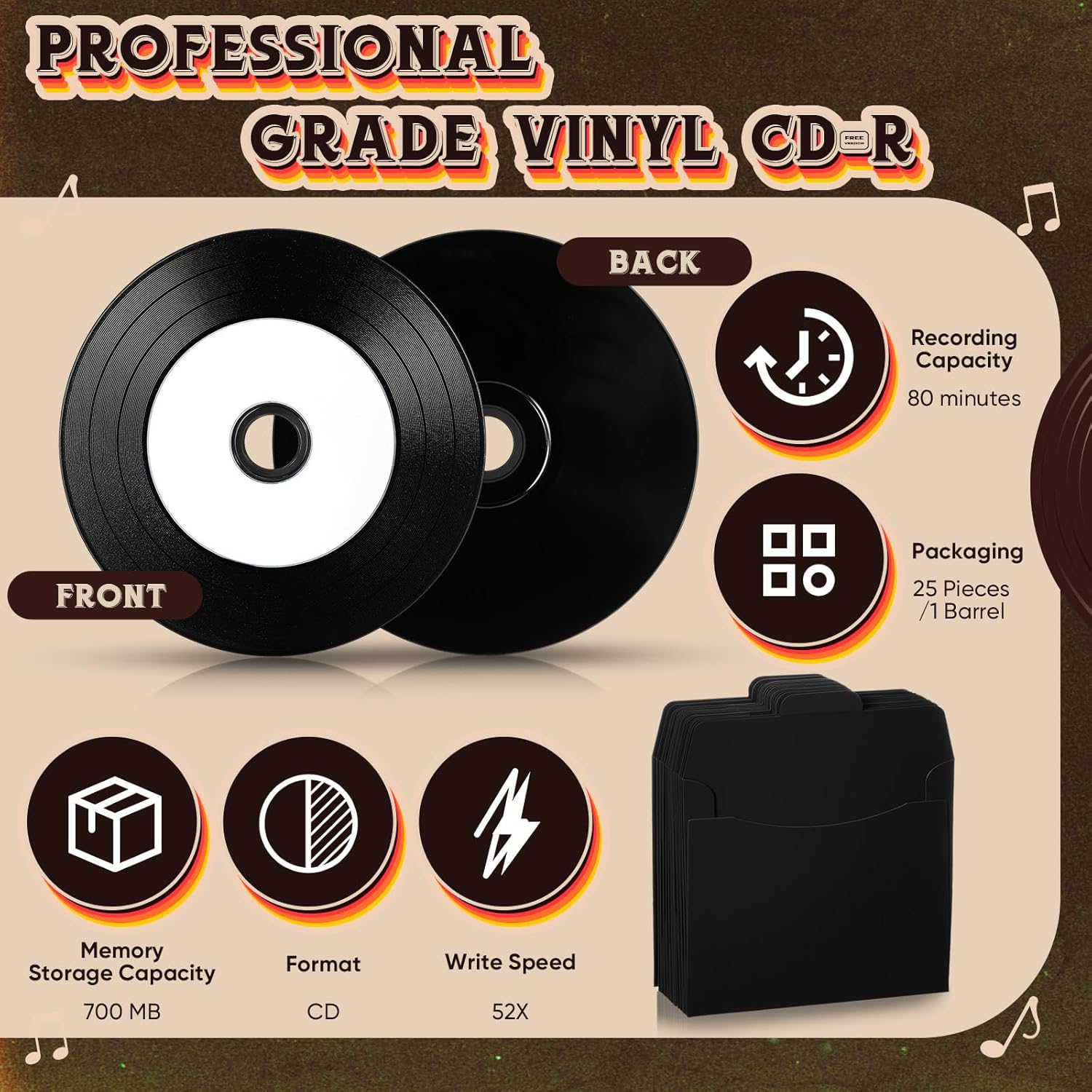 25 Pcs Recordable Blank Media Discs 700MB 80 Minutes 52X with White Inkjet Printable Center and Black Recording Surface for Music Data (with 25 Pcs Kraft Paper Bag)