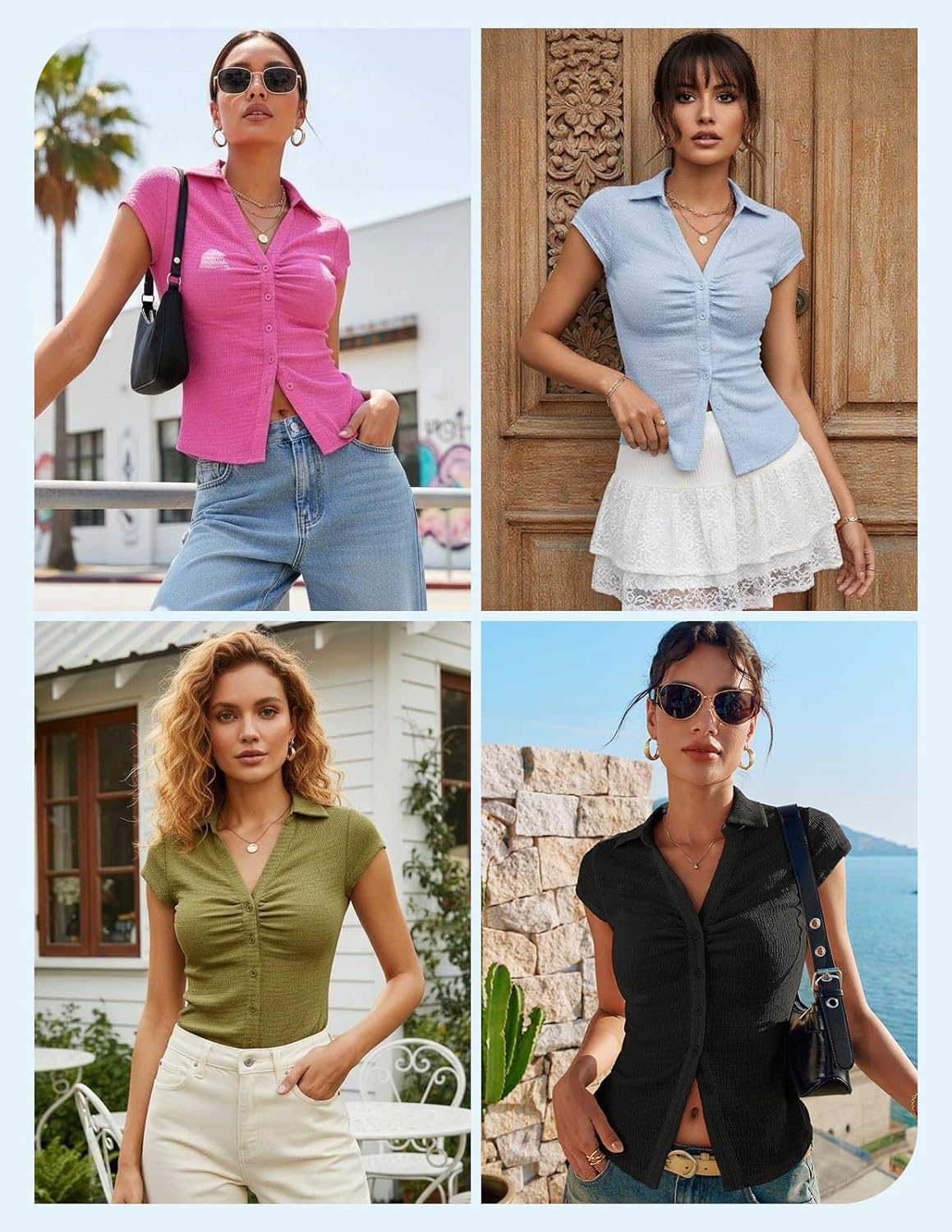 Kate Kasin Women Button Down Textured Blouse, V-Neck Ruched Tops with Y2K Collar, Slim Fit Cap Sleeve Going Out Casual Shirt - Image 2