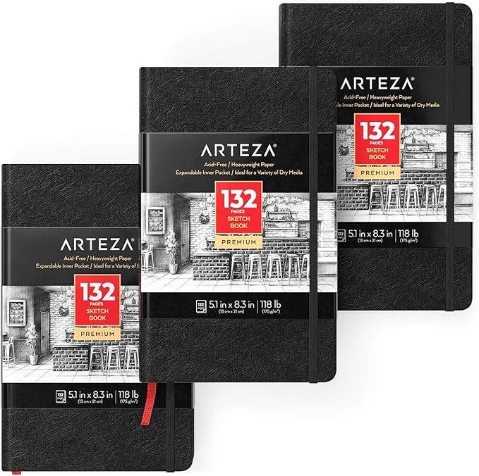 Arteza Small Sketch Book 3Pack, 5.1x8.3 inch Sketch Pads