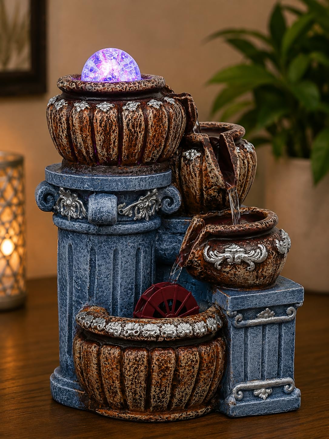 CHRONIKLE Polyresin Designer Tabletop 4 Steps Indoor Water Fountain for Home Decor with LED Light, Speed Controller Pump & Crystal Ball (Size: 15 x 18 x 28CM |Color: Multi | Weight: 920 Gram)-image-27