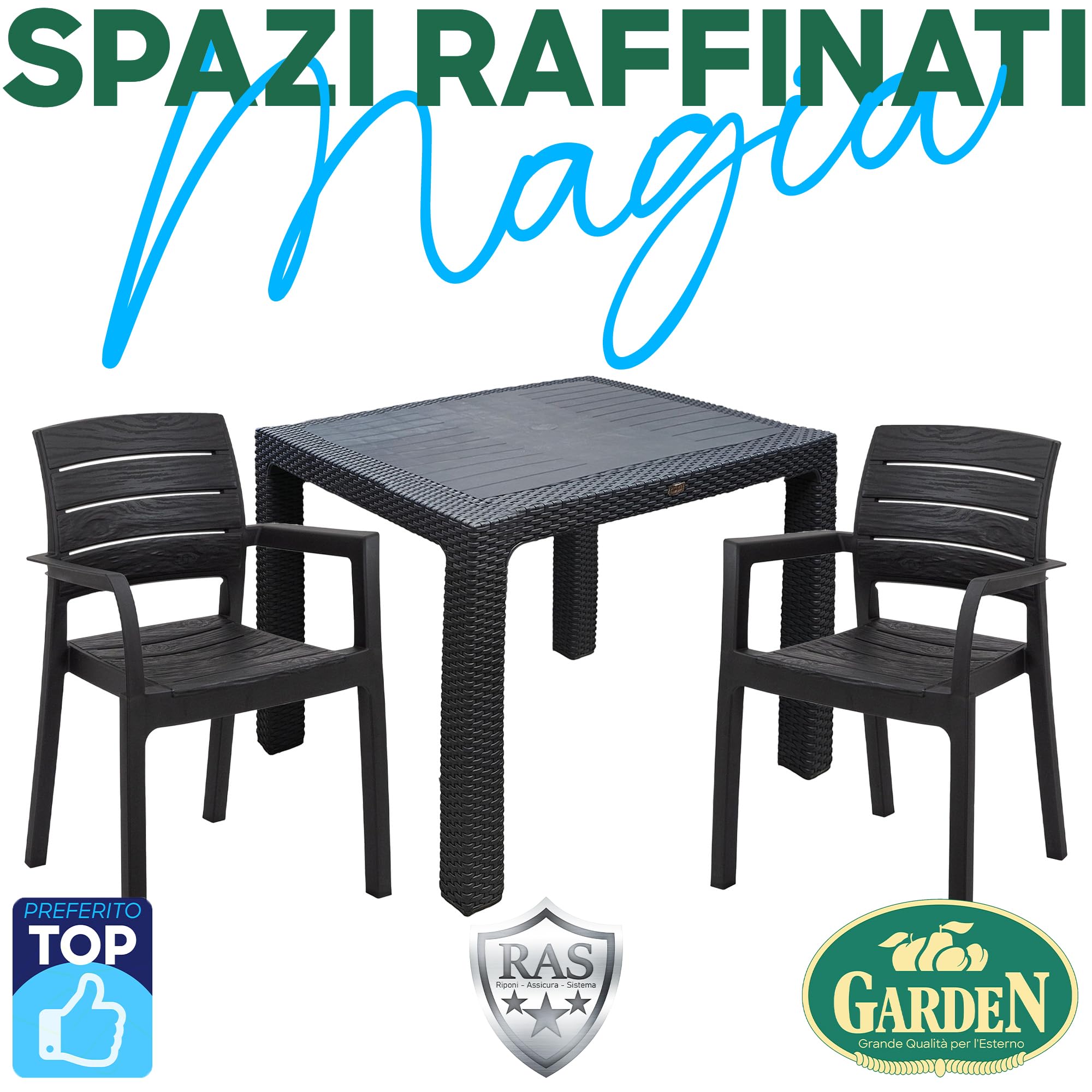 Sicignano | Set Sedie e Tavolo 90x90cm Completo Antracite, Resistente UV, per Esterni e Interni, Adatto a Bar Ristoranti Pizzerie Spazi Commerciali (1, 2 Sedie 1 Tavolo)
