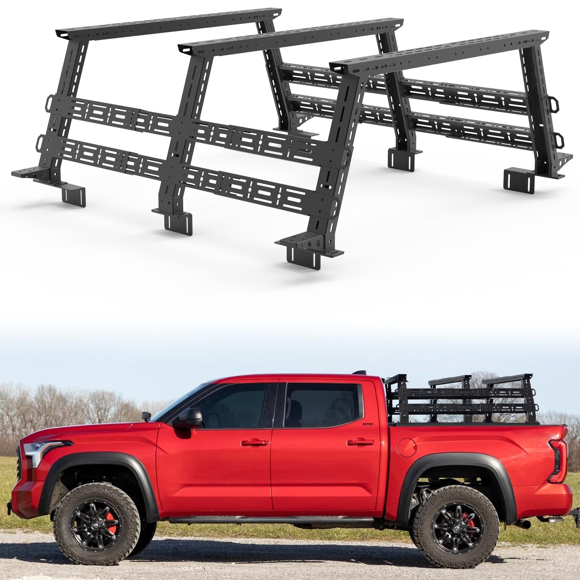 MONOKING Mid-Size Truck Overland Bed Rack Adjustable 16'' to 25'' High with 4 Molle Panels for Gladiator JT Tacoma Frontier Canyon Colorado Ranger Universal Ladder Cargo Rack for Camping Tent Kayak