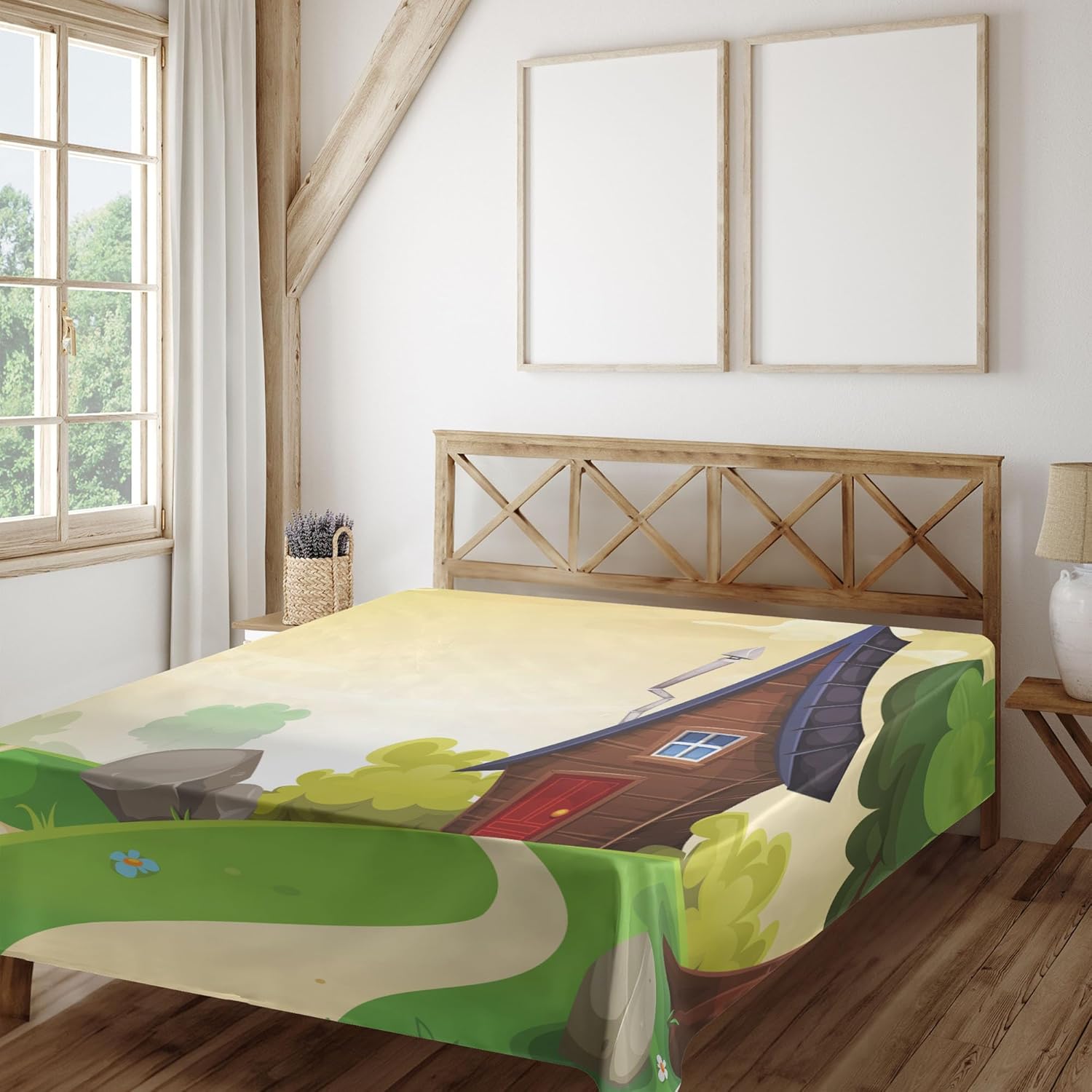Ambesonne Cartoon Flat Sheet, Summer Spring Meadow Grass Landscape of Country Road Leading to Wooden Little House, Soft and Comfortable Top Sheet Decorative Bedding 1 Piece, Full Size, Multicolor