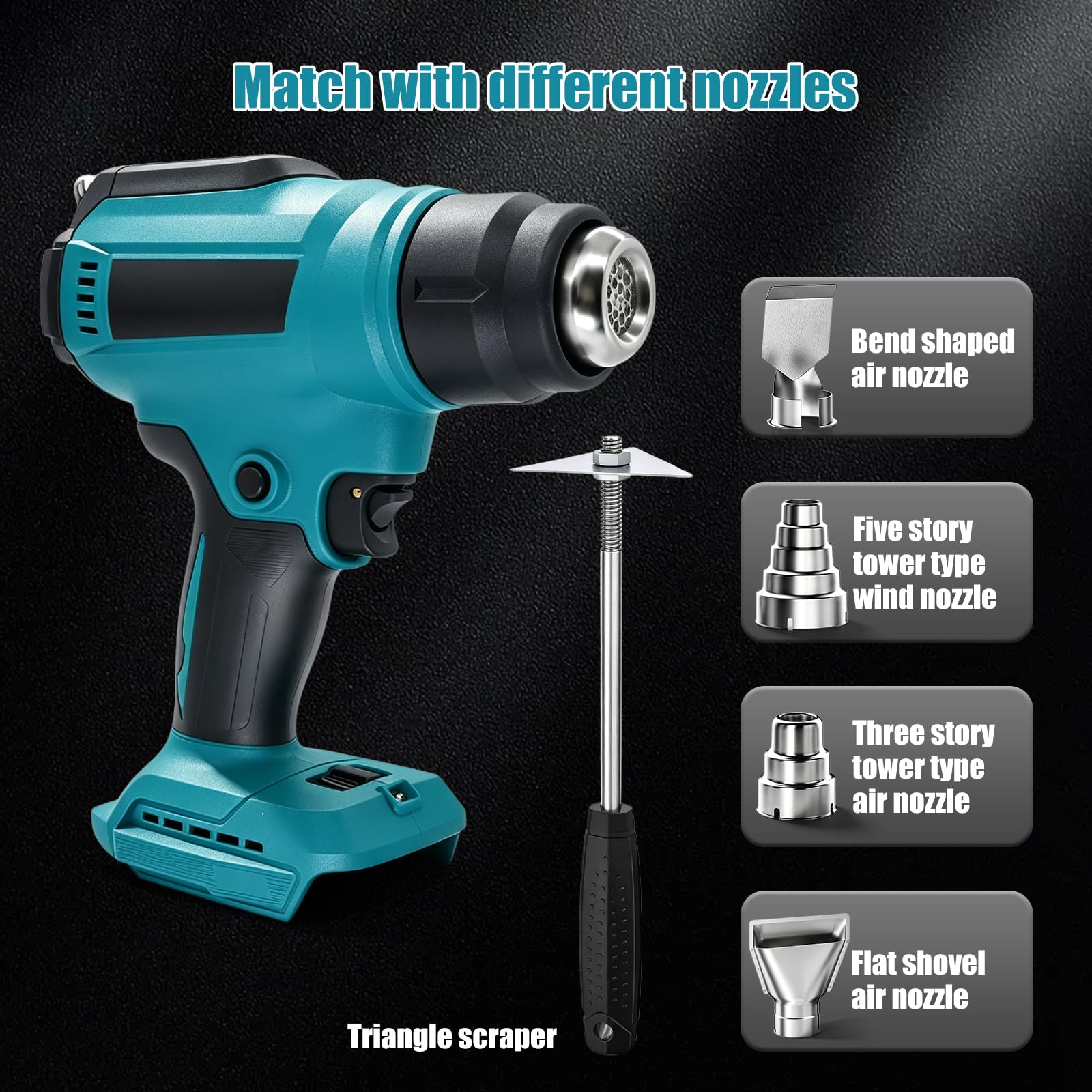 Pistola de aire caliente con batería para 18 V, 50 – 550 °C, ventilador de aire caliente inalámbrico con pantalla LCD y 4 boquillas de acero inoxidable, temperatura ajustable y control de aire