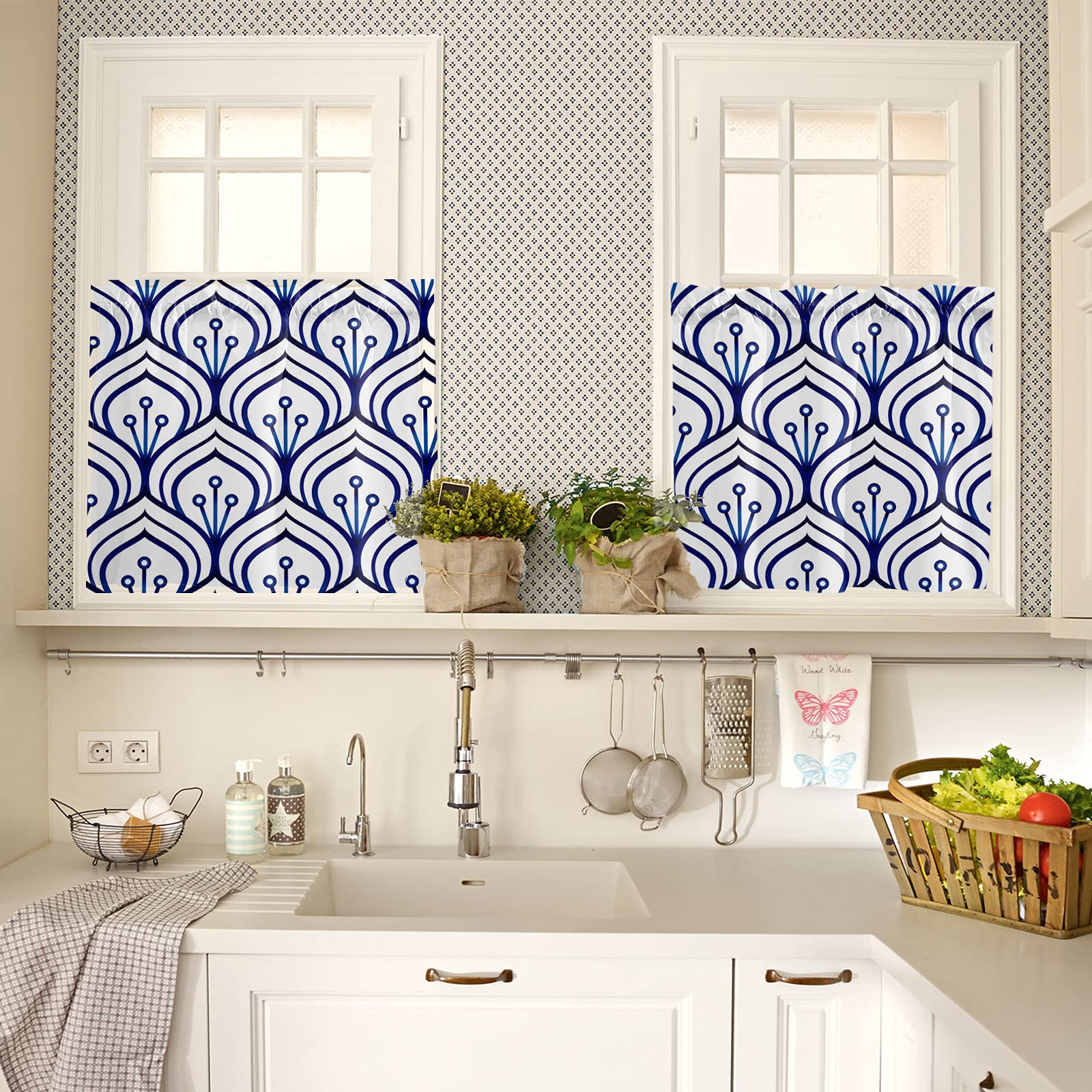 Edwiinsa Kitchen Curtain 2 Panels Tiers Curtains 24 Inch Length, Floral, Curtains Rod Pocket Curtains Window Drapes Treatment Window Cafe Curtains Blue and White Porcelain Fish Scale