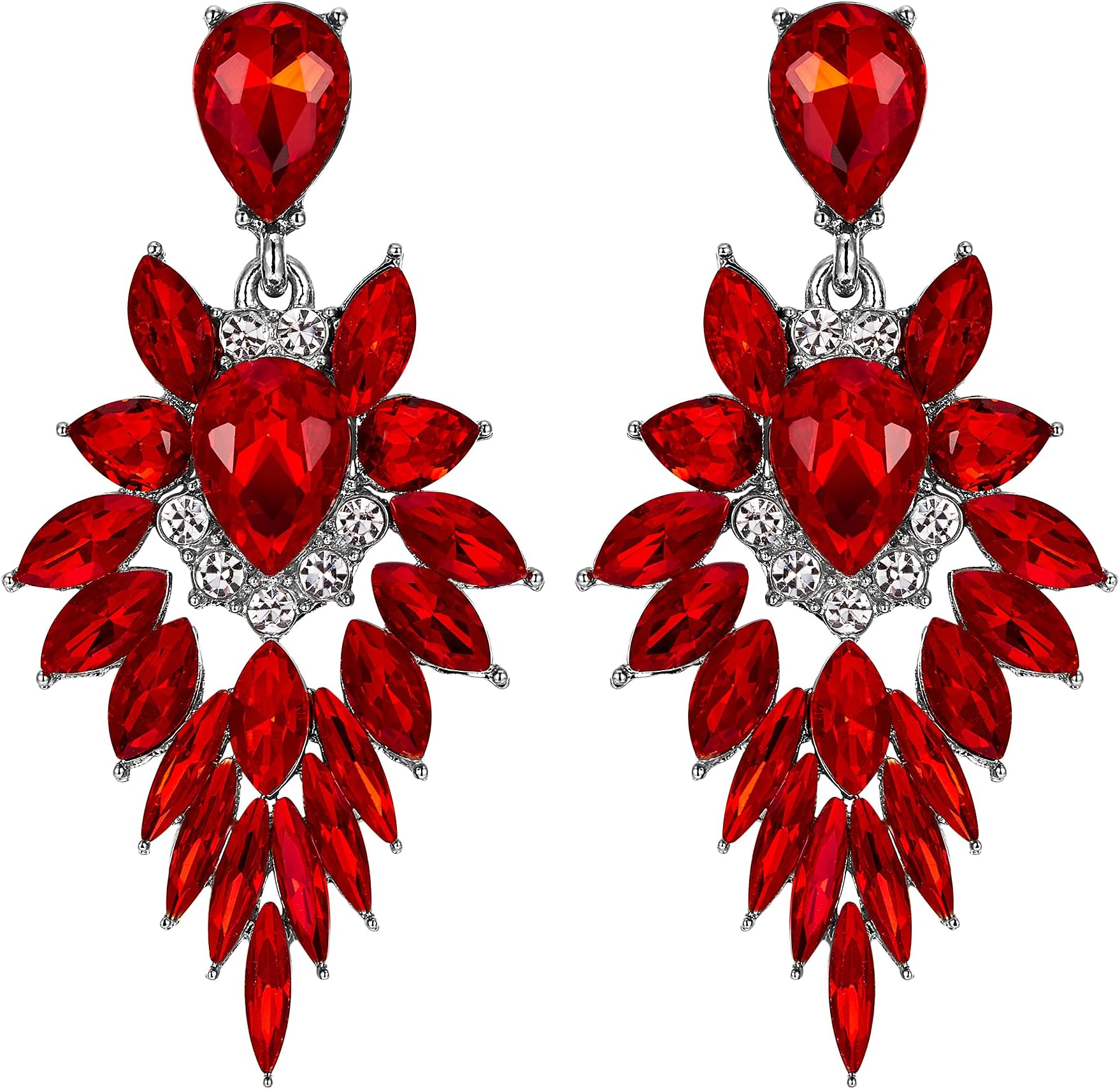 Wedding Bridal Diamante Crystal Gemstone Cluster Art Deco Teardrop Dangle Pierced Statement Costume Earrings for Women Brides Bridesmaid Ruby Color Silver-Tone