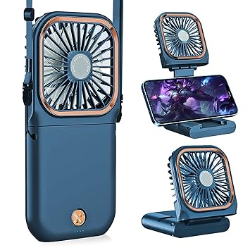 Portable Handheld Personal Necklace Fan Foldable Mini Quiet USB Rechargeable Fan With Mobile phone bracket function, 3000mAh Power Bank Hands Free Necklace Fans (Upgrade Blue)