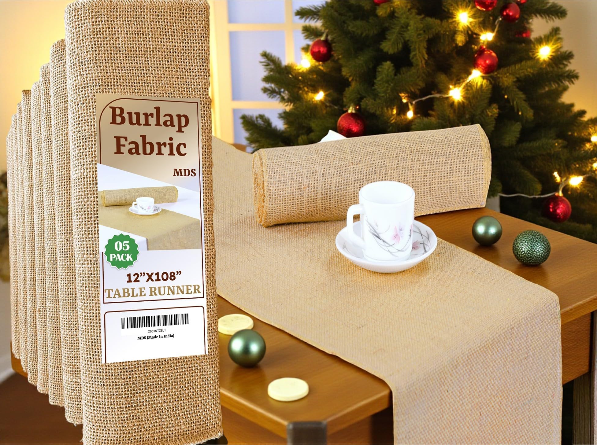 MDS Pack of 5 Pieces Wedding 12 x 108 inch Long Natural Burlap Table Runner, Rustic Farmhouse Jute Country Vintage Burlap Roll Runner for Wedding, Party Table Decorations , Boho Décor - Natural