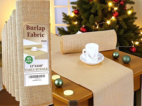 Mds - Camino de mesa de arpillera para boda, 12 x 108 pulgadas, yute natural, vintage, para decoración de banquetes, Natural, 5
