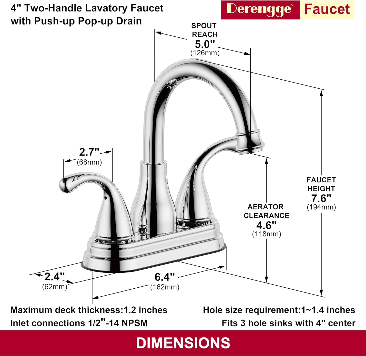 Bathroom Sink Faucet Two-Handle Bathroom Faucet with Pop up Drain,4 Inch Centerset Faucet,Polished Chrome Finished,LF-BH4505-CP