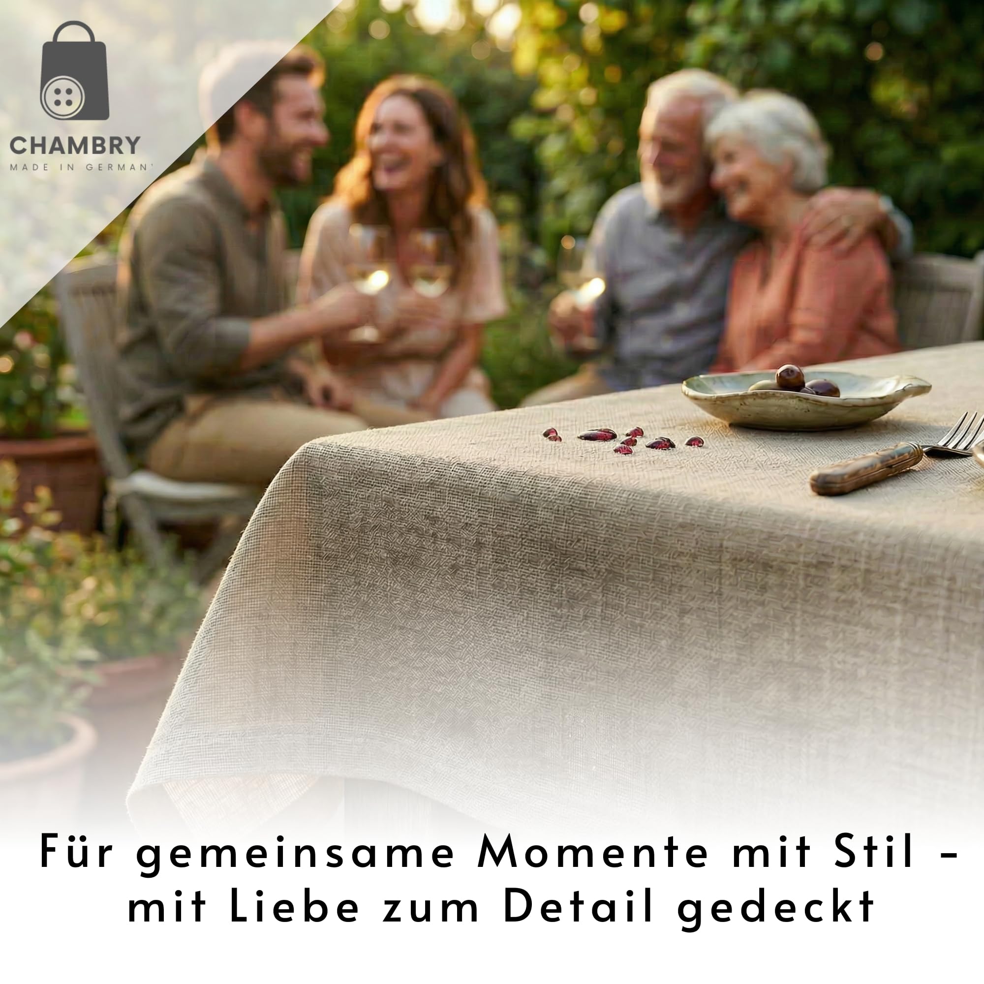 chambry Premium Tischdecke abwaschbar 100% Baumwolle - Handarbeit Made in Germany - robuste hochwertige Tischwäsche - beschichtet wasserabweisend mit Fleckschutz - Natur 120 cm x 180 cm