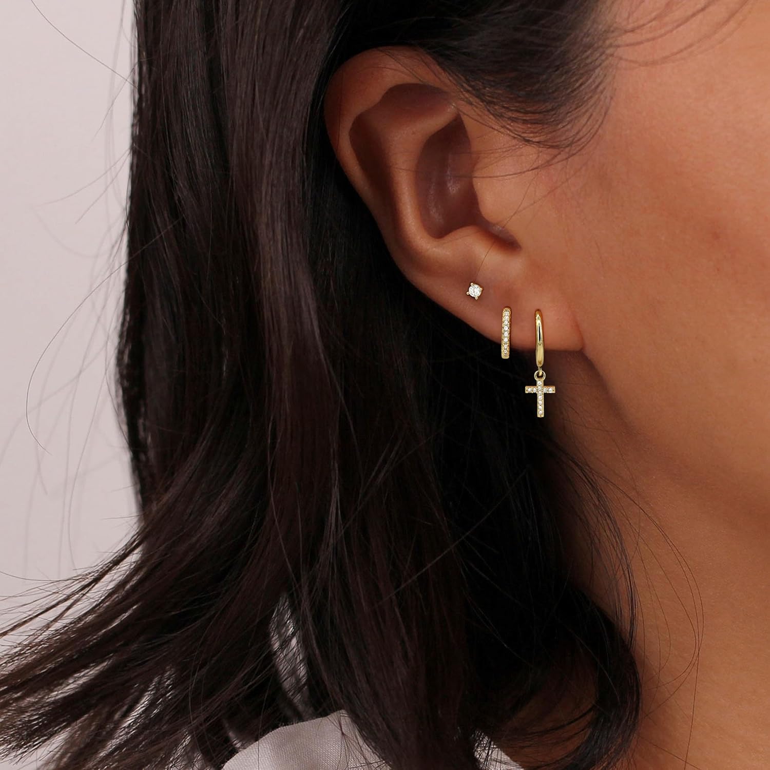 Gold Earring Set for Women Sterling Silver Earring Stacks Trendy CZ Huggie Cross Hoop Star Moon Earrings Stack - Image 5