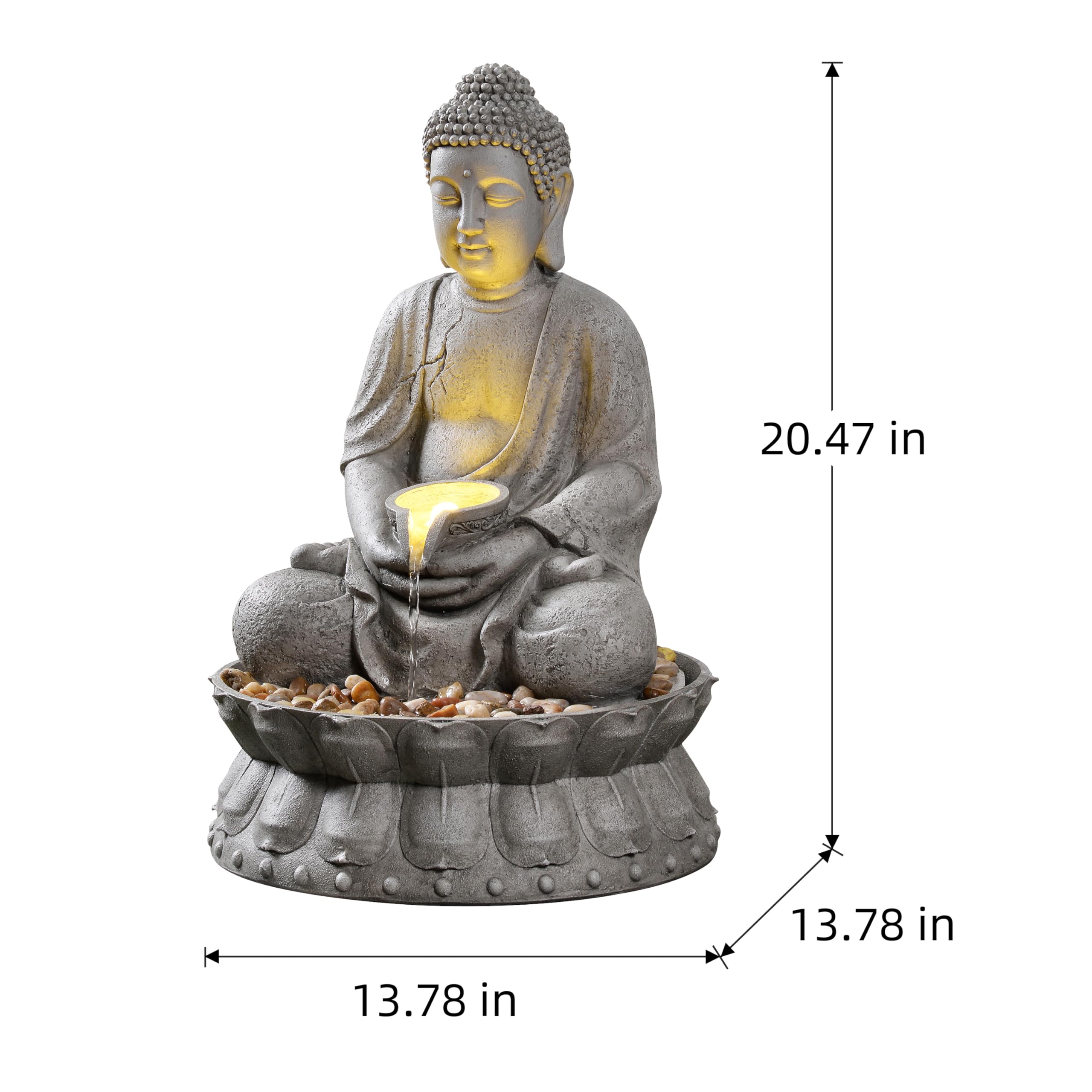 Fontaine à eau d'extérieur Bouddha méditant avec lumière LED, finition pierre grise, base lotus avec galets