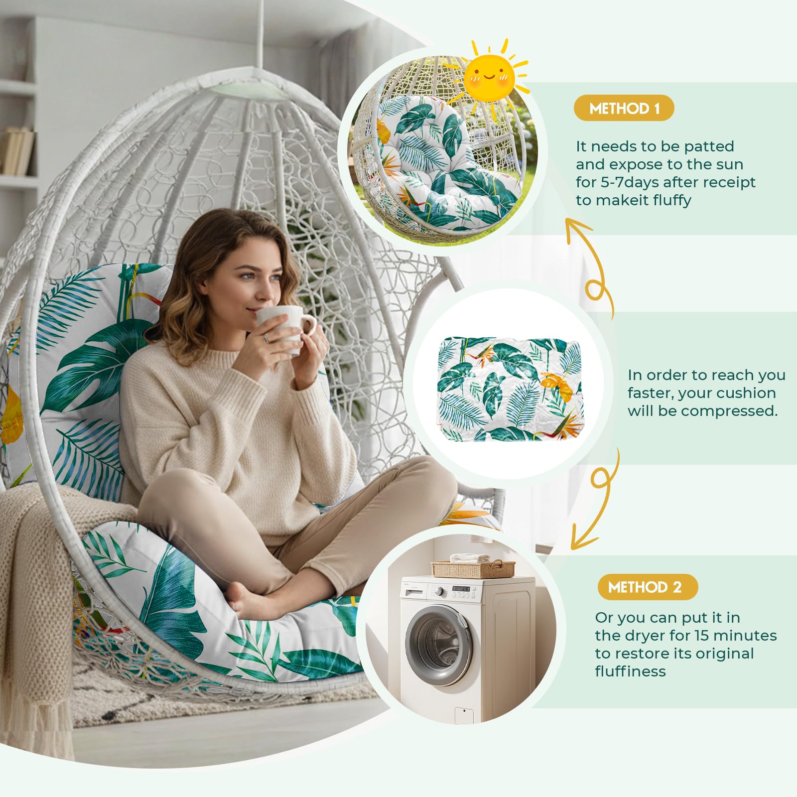 joomie Coussin de rechange imperméable pour balancelle de jardin, 120 x 84 x 18 cm d'épaisseur, coussin amovible avec attaches pour chaise hamac de jardin, cocon, ventilateur jaune-vert
