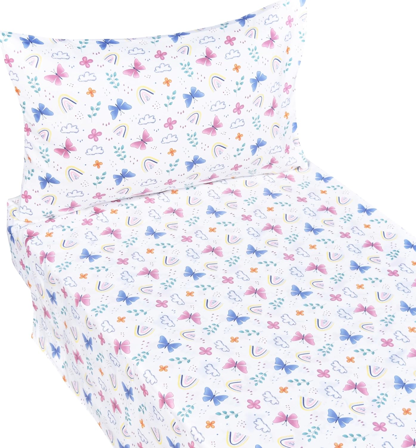 J-pinno Butterfly Rainbow 100% Percale Cotton 3 Pieces Crib Sheet Set for Toddler Boys Girls, Flat Sheet Fitted Sheet and Pillowcase, Cozy Breathable Unisex Nursery School Cartoon Bedding Set