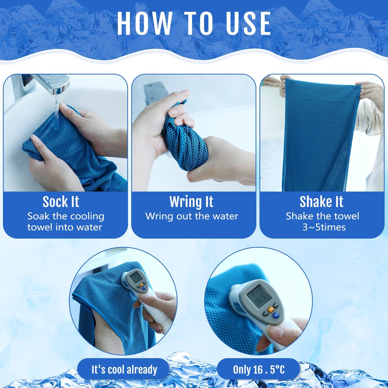 Paquete de 15 Toallas refrescantes de 40 x 12 cm para Cuello y Cara. Toallas de Hielo de Microfibra Suaves y Transpirables, Ideales para Yoga en climas cálidos (Azul Oscuro, Azul c