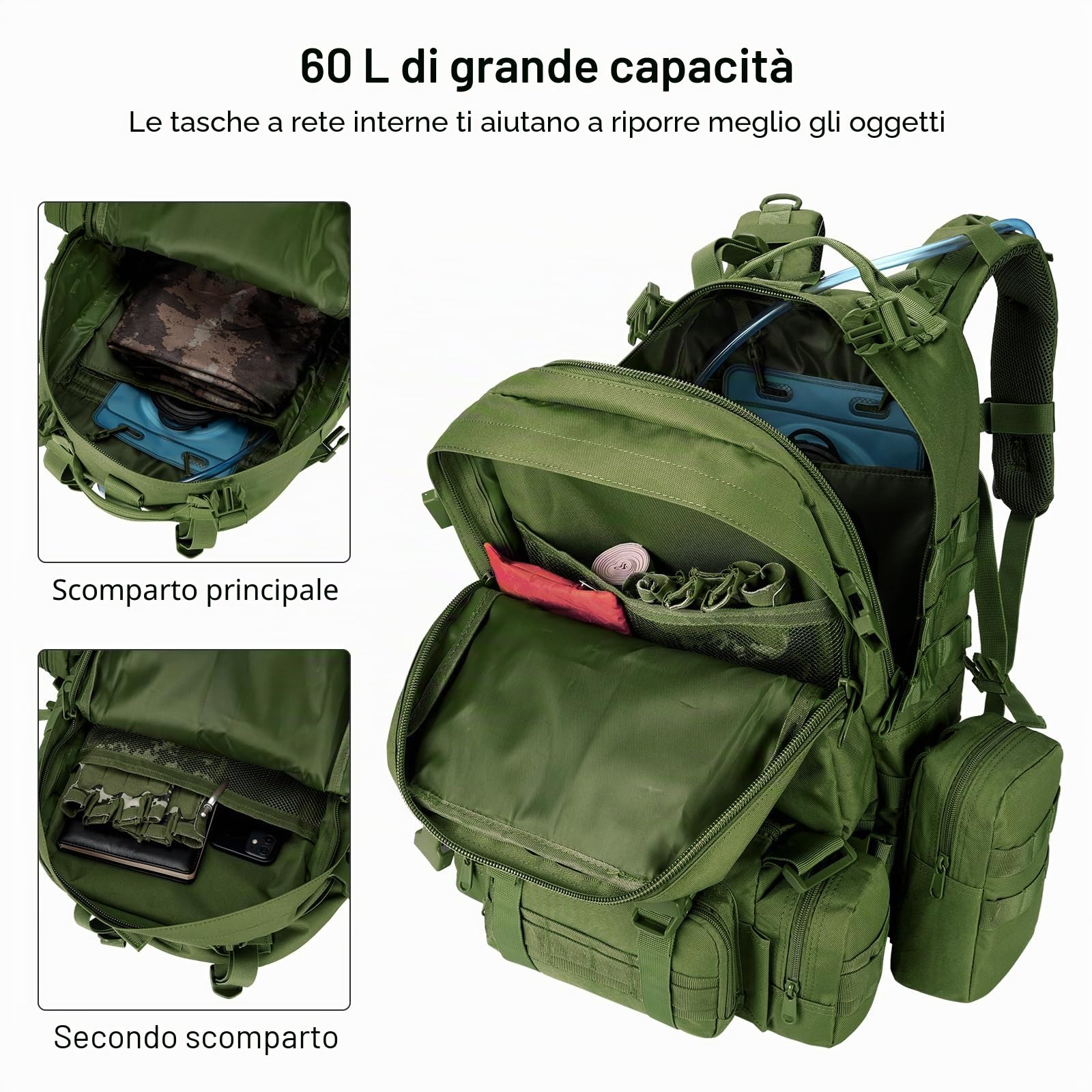 Zaino tattico militare da 60 l, grande zaino di sopravvivenza Molle, per uomo e donna, borsa rimovibile per esterni, verde, 60L, Zaino daypack