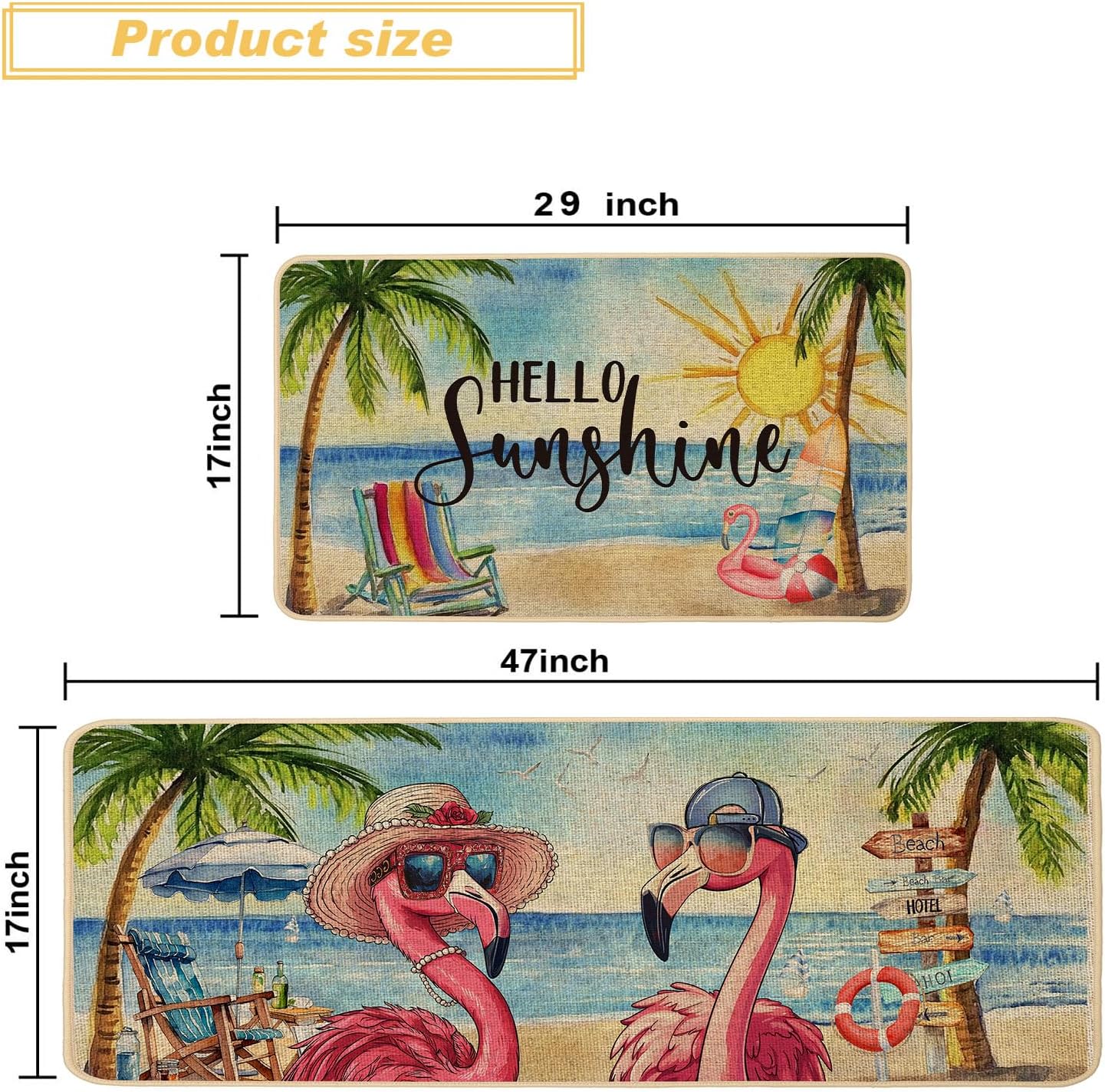 Baccessor Flamingo Summer Kitchen Rugs Set of 2, Flamingo Beach Coastal Hello Sunshine Kitchen Mats for Floor Low-Profile Spring Summer Seasonal Home Decor 17x29 and 17x47 Inch