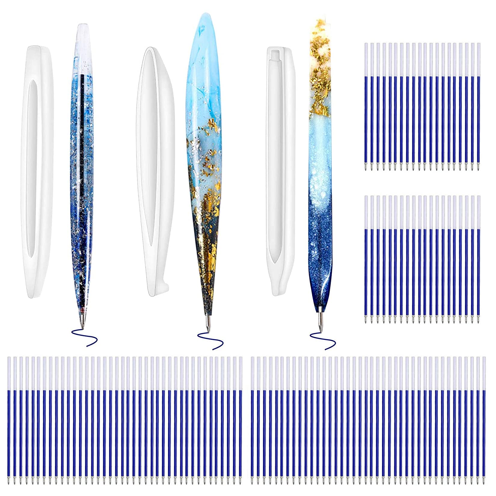 3 Pieces Pen Resin Mold Ballpoint Silicone Molds Epoxy Casting Mold Pen Shape Mold with 120 Pieces Ballpoint Refill Pens, for DIY Pen Candle Crafts Making Tool (Blue)