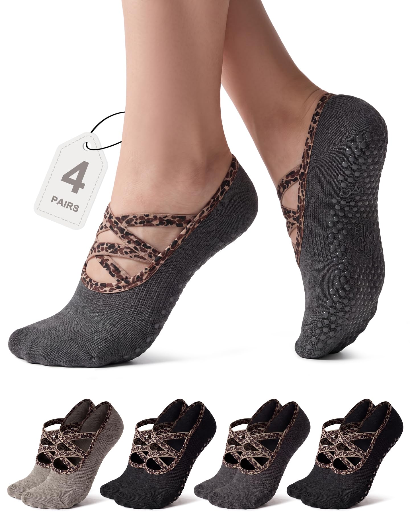yeuG Pilates Socks for Women Non Slip Grip Socks for Yoga, Barre, Hospital, Barefoot Grippy Yoga Sock Womens Gifts 4 Pairs
