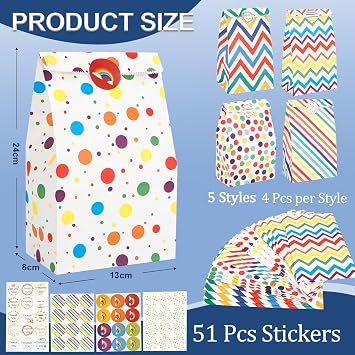 20 Stück Geschenktüten Kindergeburtstag 13 x 24 x 8cm Bunt Mitgebsel Papiertüten mit 51 Aufkleber Geburtstagstüten Kinder für Party Hochzeit Feiern