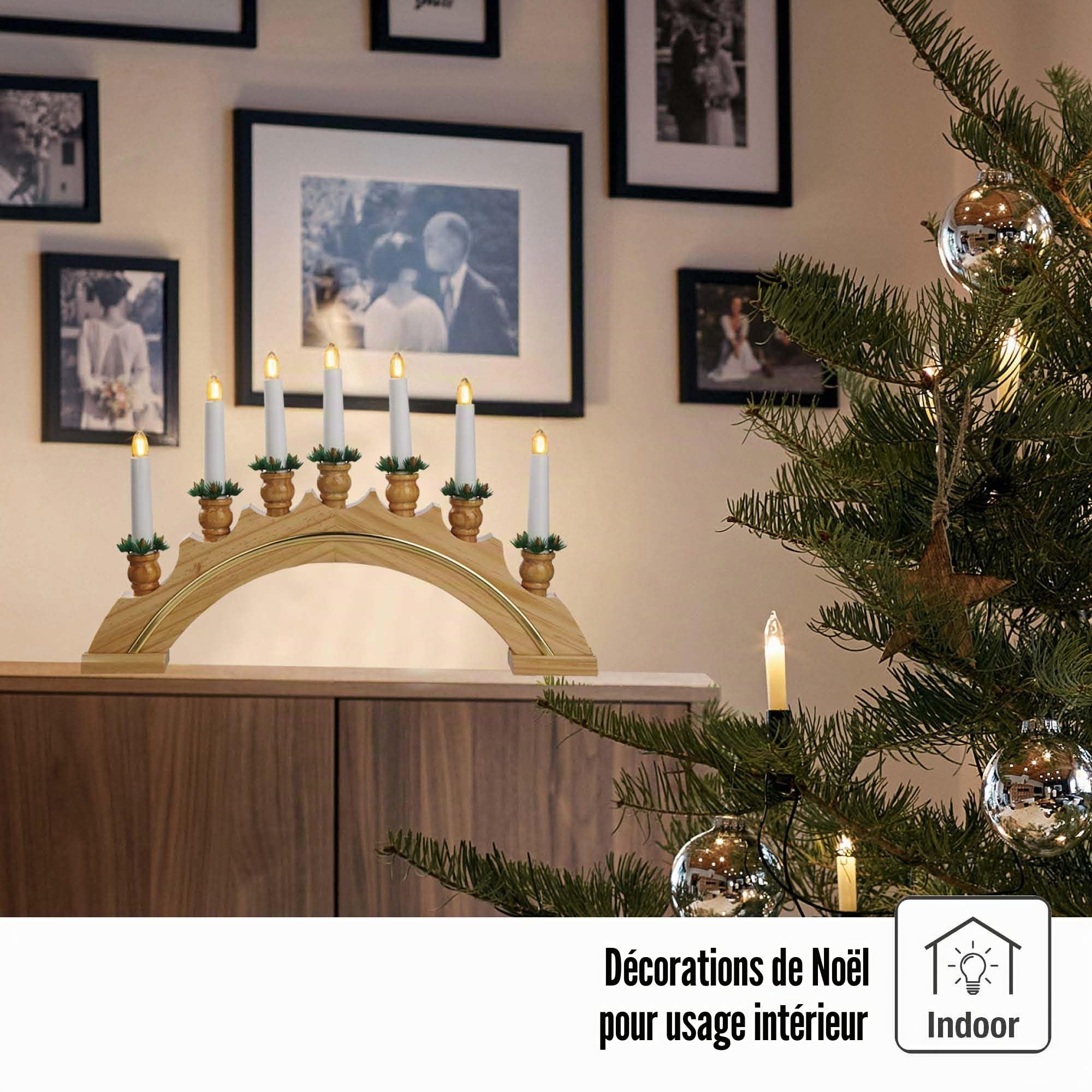 Hellum Arche lumineuse de Noël, éclairage de fenêtre de Noël intérieur, 43 x 27 cm, avec 7 bougies (+ de rechange) et barre dorée, arche lumineuse avec courant et interrupteur 151800