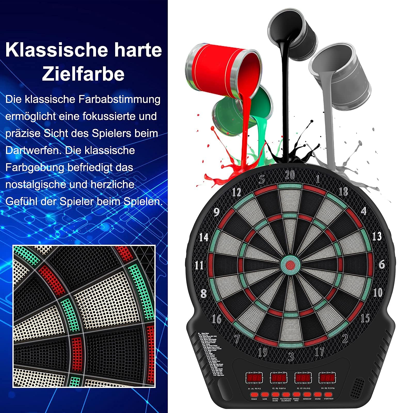 Bersaglio elettronico per freccette, Tabellone digitale per freccette per fino a 16 giocatori, 27 giochi con 243 opzioni di gioco per feste e serate di gioco DB301