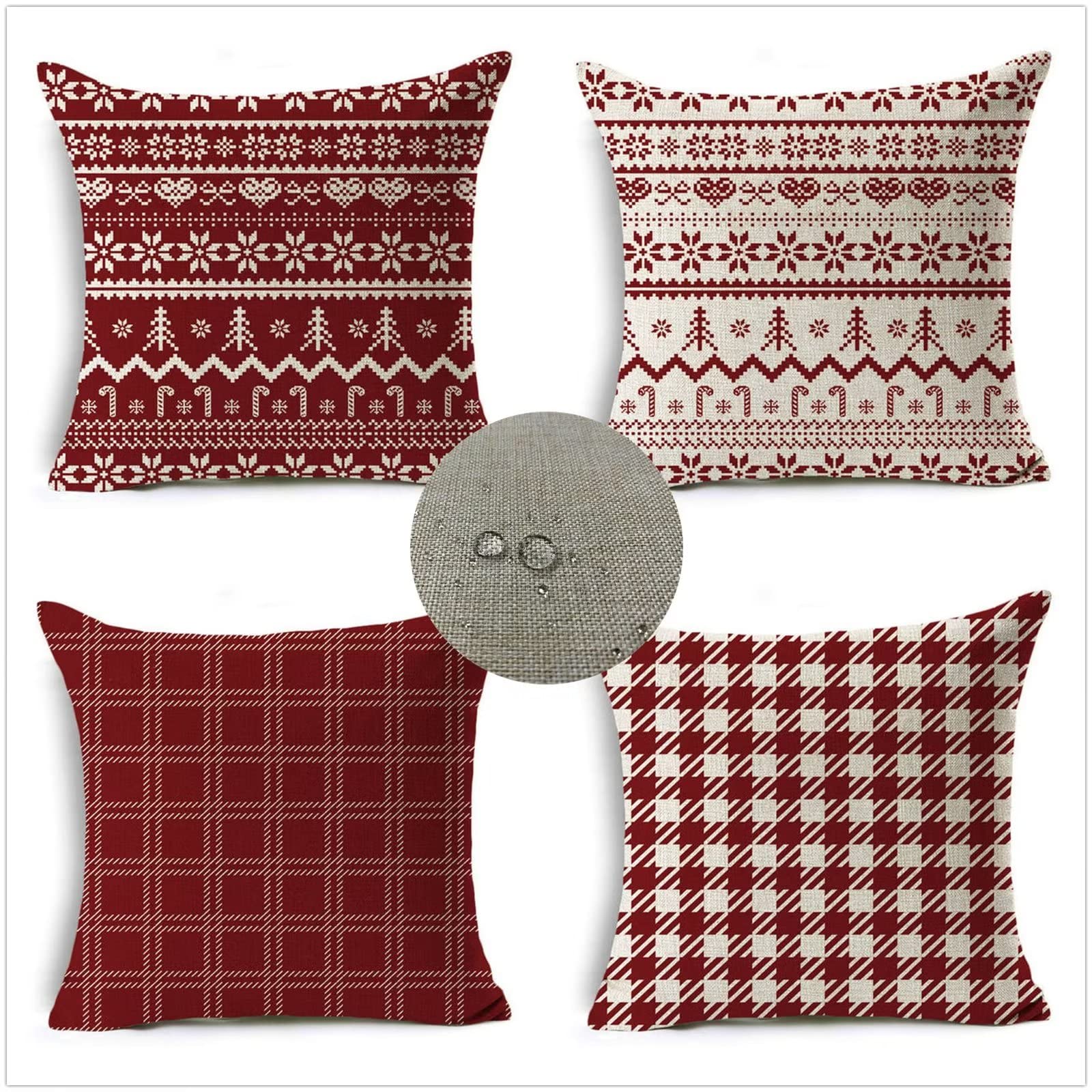 Federe Cuscini Divano 45x45 Set di 4 Cuscini per Divano impermeabile Lino Esterno Cuscini Decorativi Natale Motivo Cuscini Divano Soggiorno Letto Estate giardino esterno Copricuscino (Rosso) JW-9173